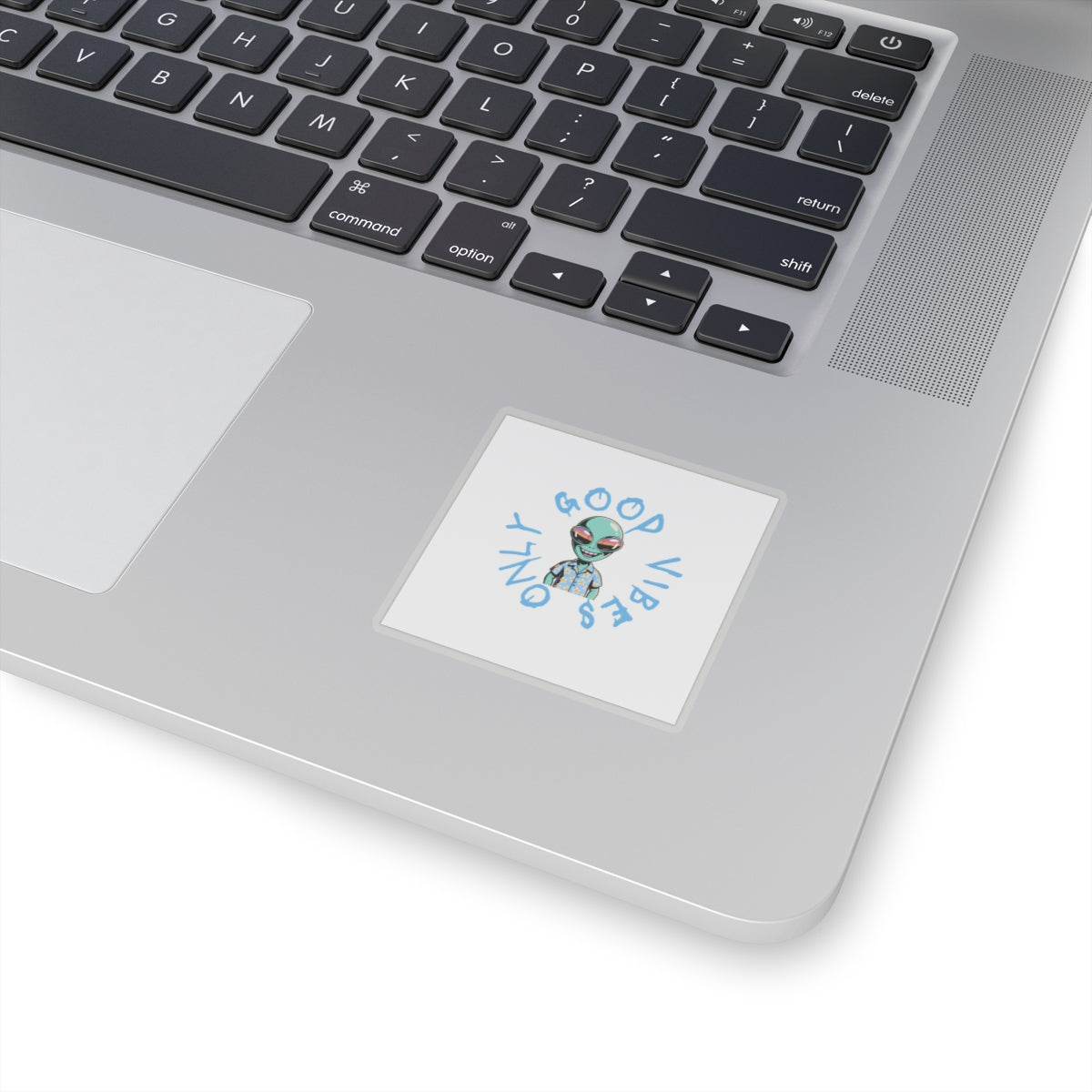 Alien Good Vibes Only sticker with retro space design and bright blue lettering. Durable vinyl sticker for laptops, journals, water bottles, and more.