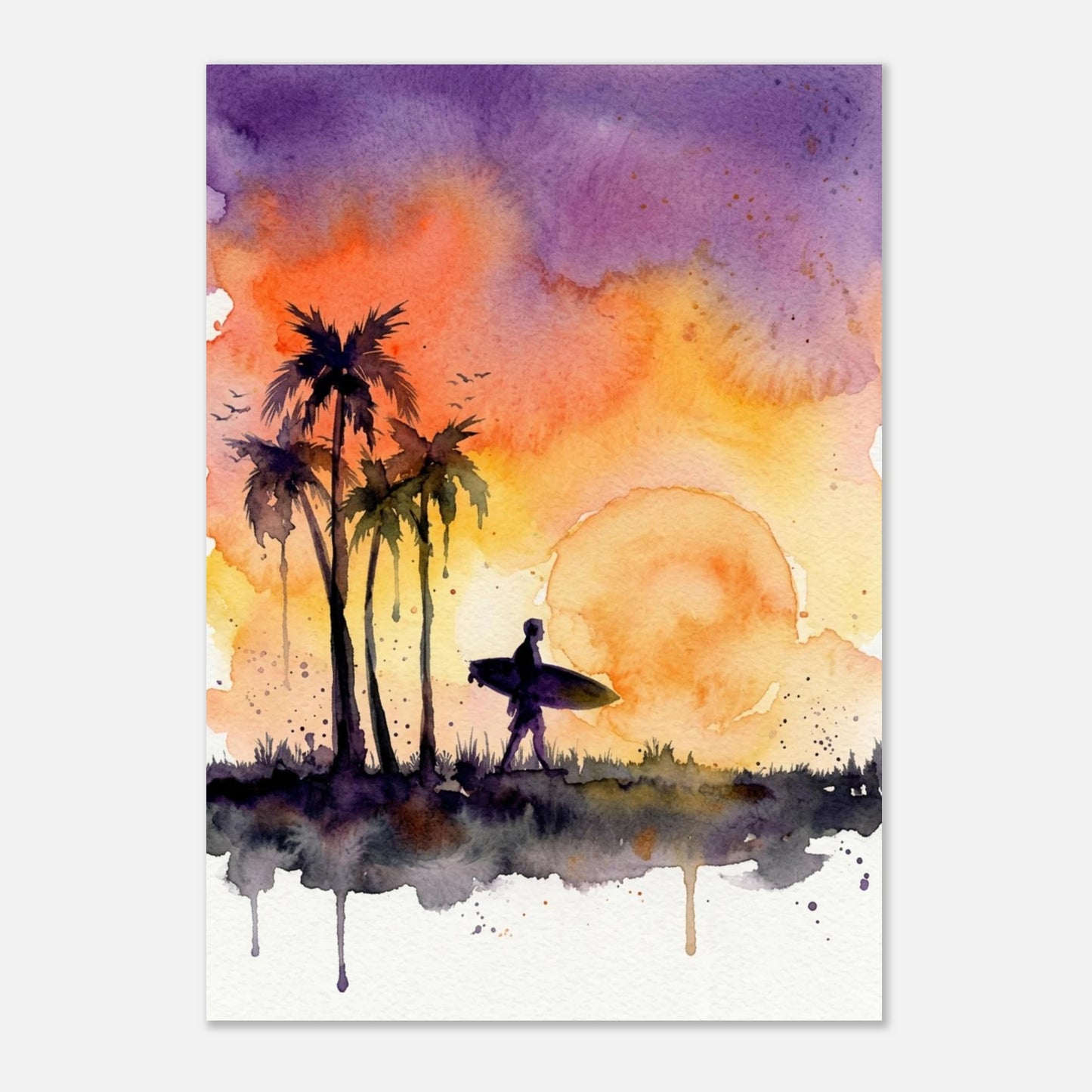 Large beach sunset art print featuring a surfer by the ocean with vibrant colours and peaceful coastal scenery.