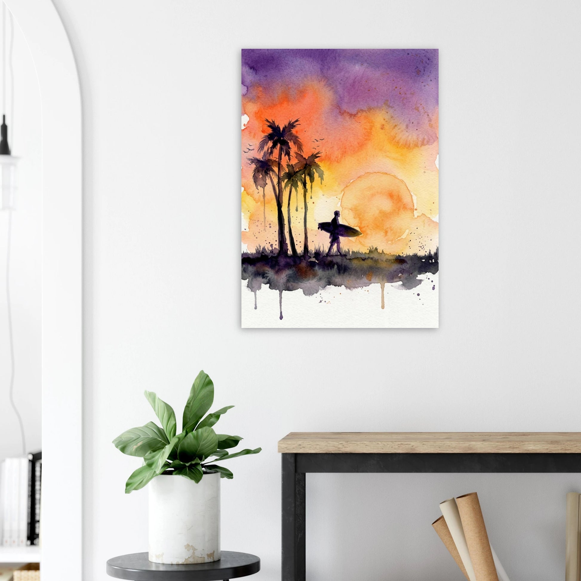 Large beach sunset art print featuring a surfer by the ocean with vibrant colours and peaceful coastal scenery.