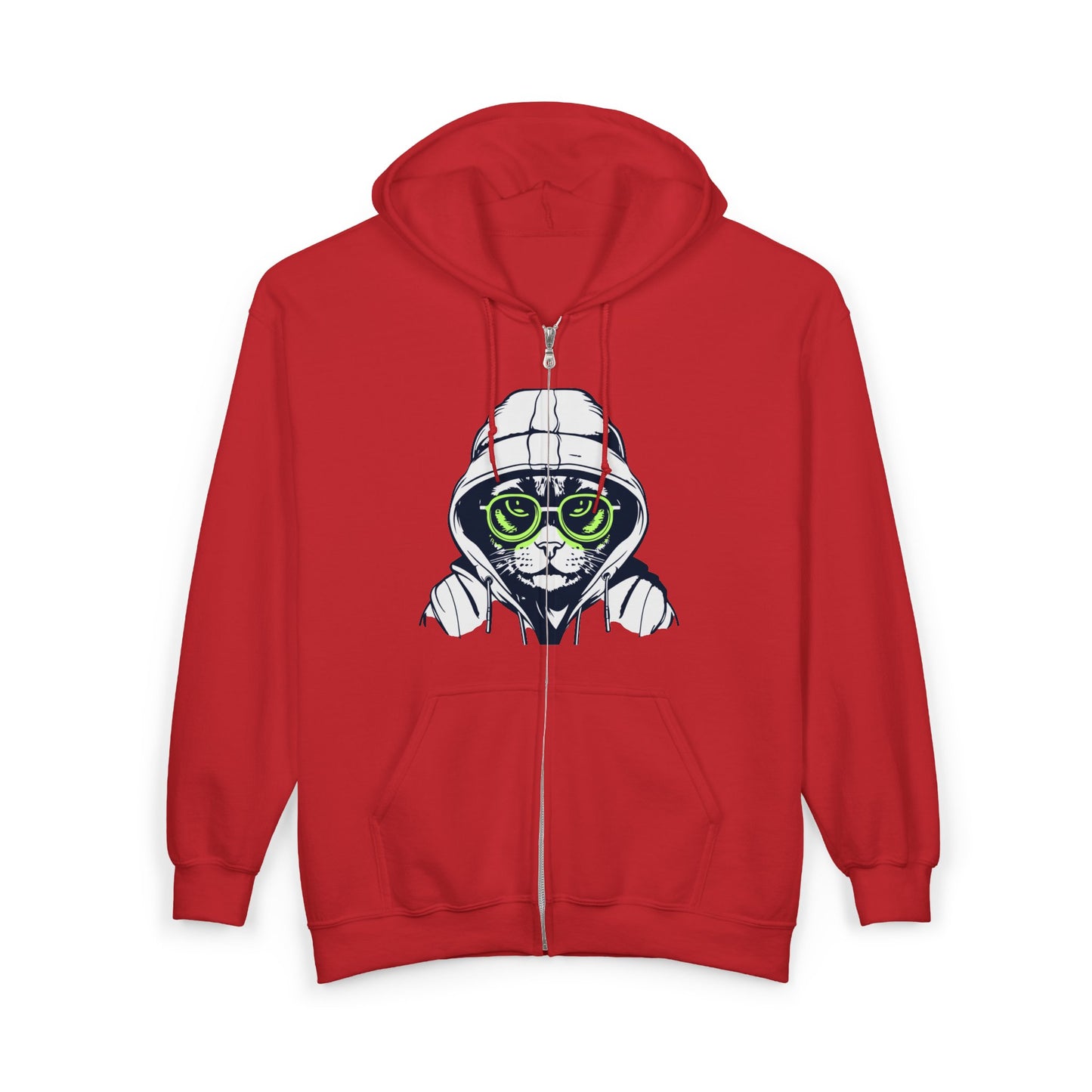 Red hoodie with a graphic of a cat wearing a helmet and goggles on a white background