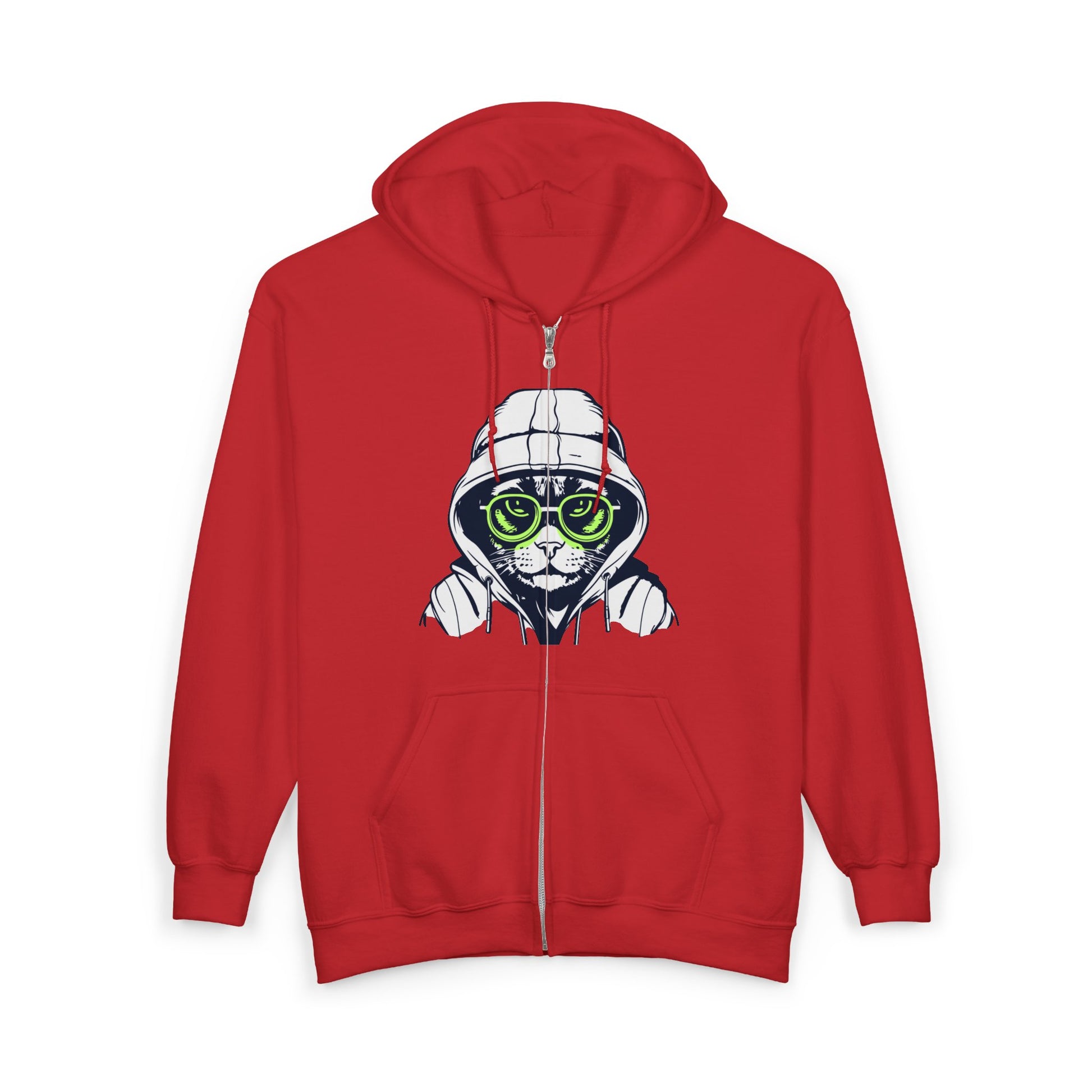 Red hoodie with a graphic of a cat wearing a helmet and goggles on a white background