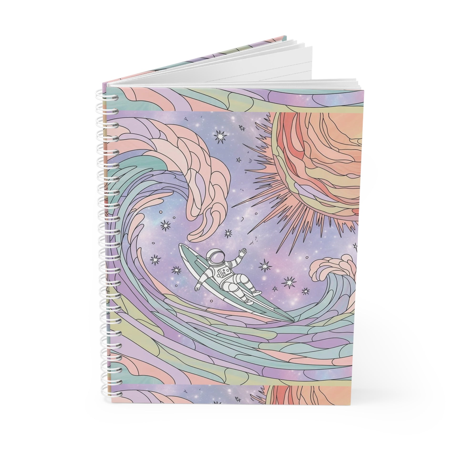 Notebook with a colorful design of an astronaut on a wave, set against a white background
