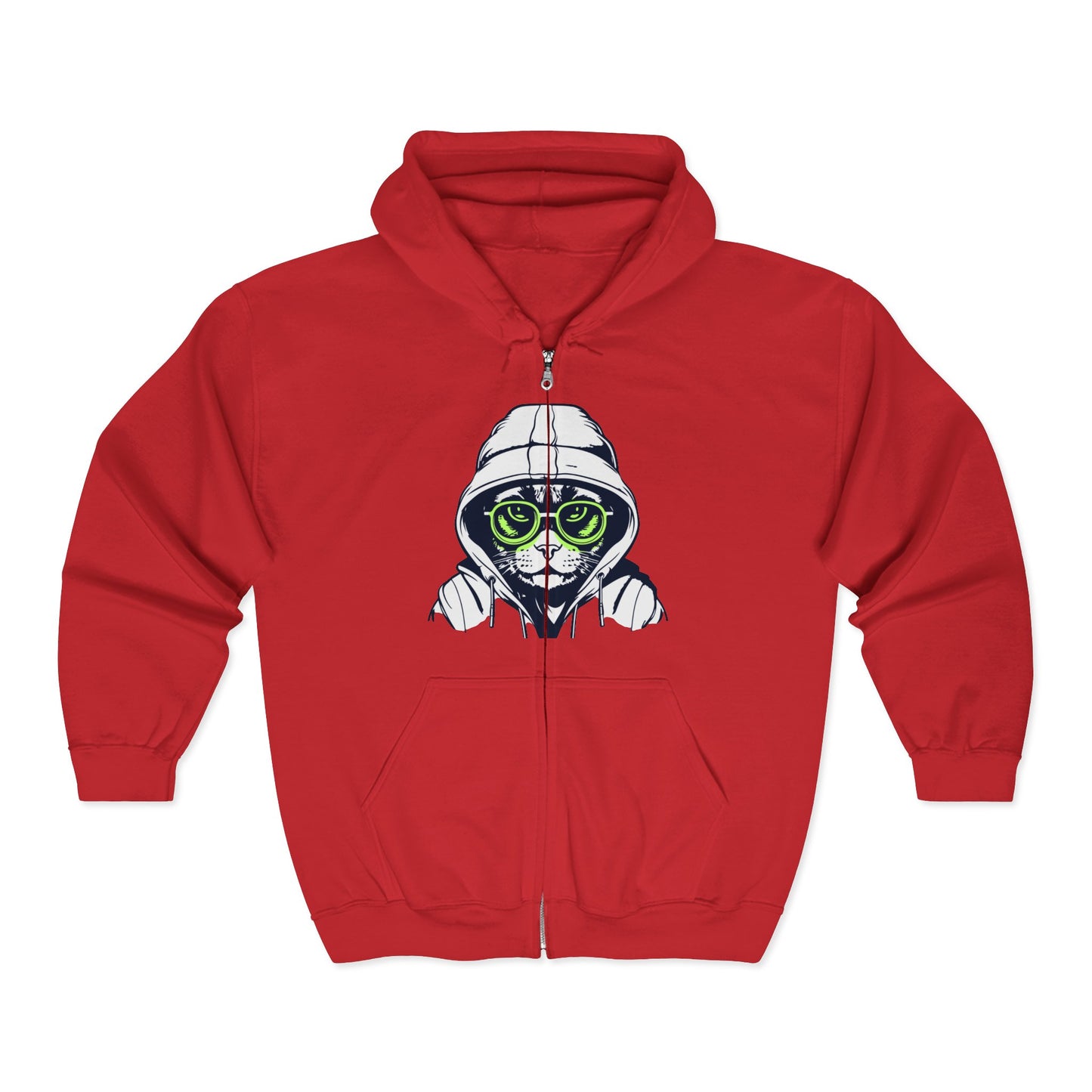 Red hoodie with a graphic of a cat wearing a hood and goggles on a white background