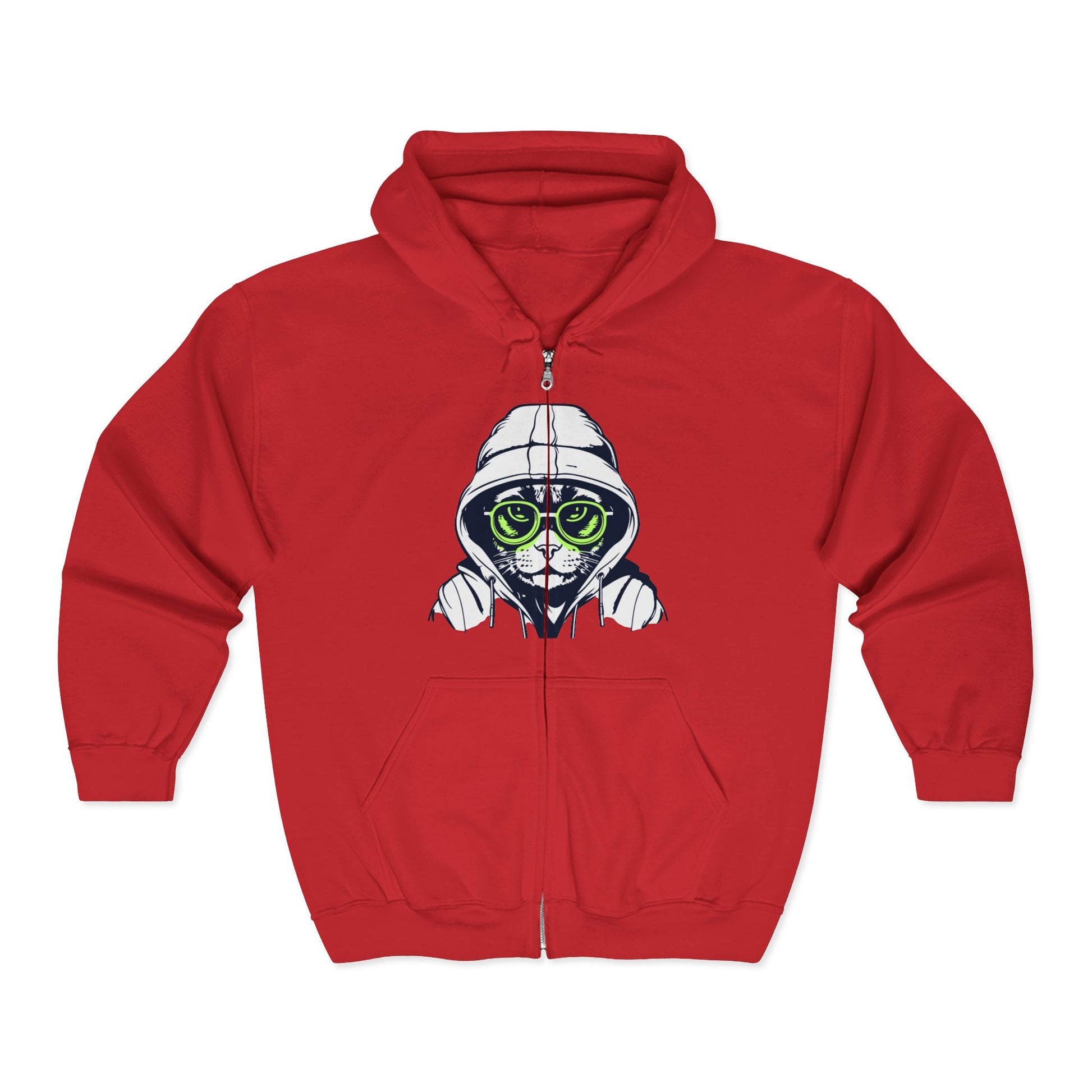 Red hoodie with a graphic of a cat wearing a hood and goggles on a white background