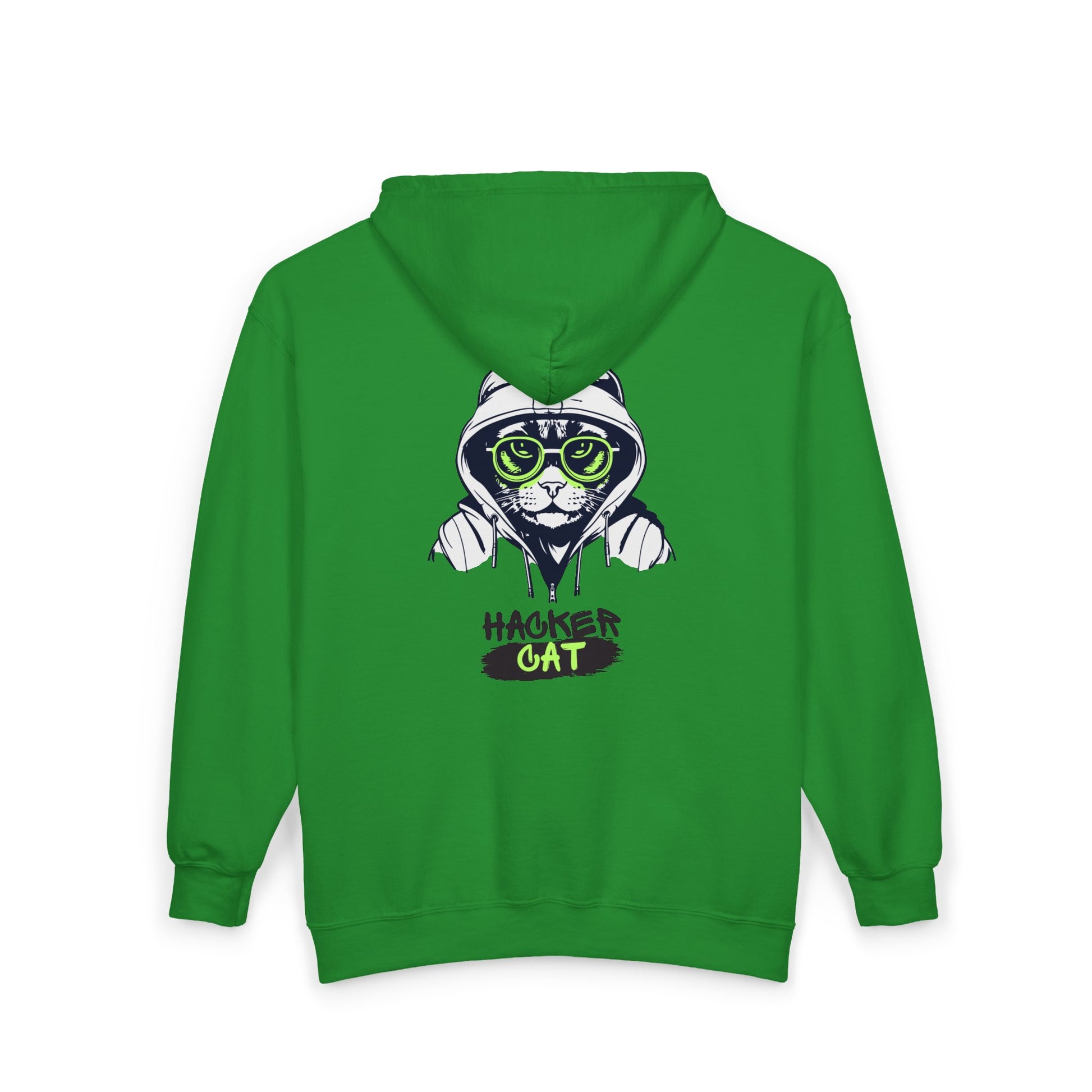 Green hoodie with a cat graphic wearing sunglasses and a hoodie on a white background