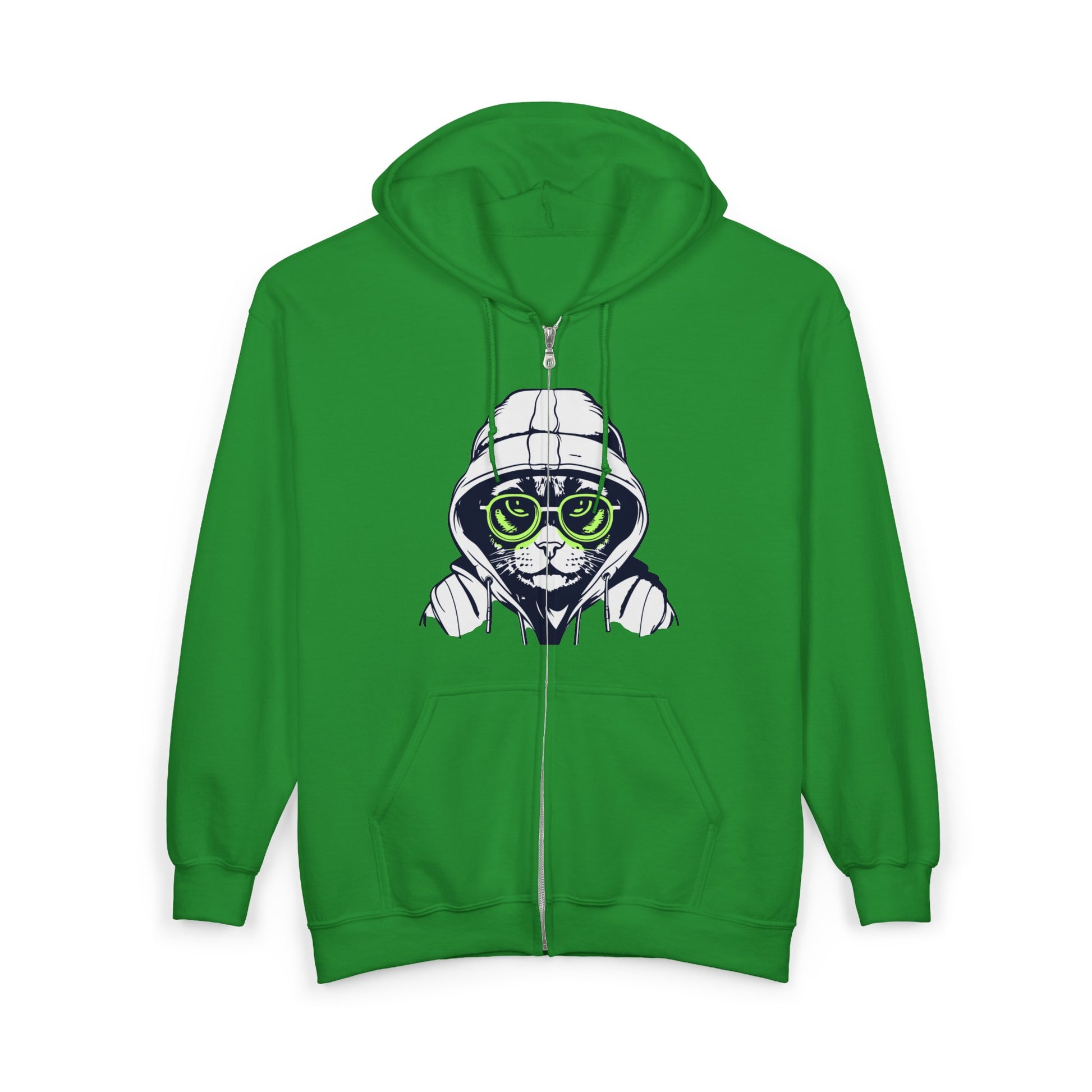 Green hoodie with a cat graphic wearing sunglasses on a white background