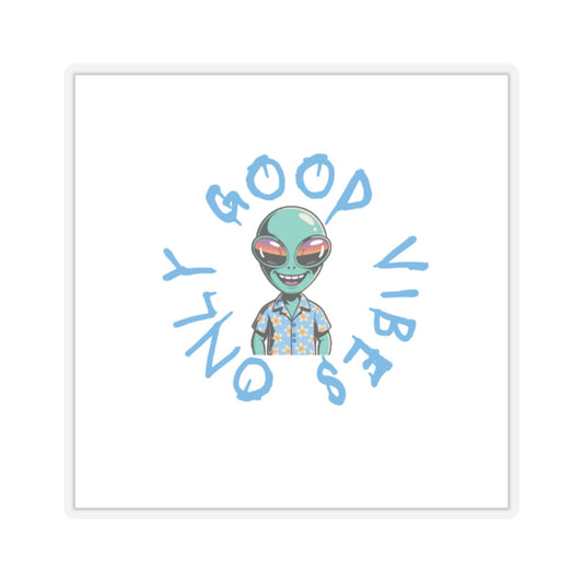 Sticker with a cartoon alien and 'Good Vibes Only' text on a white background