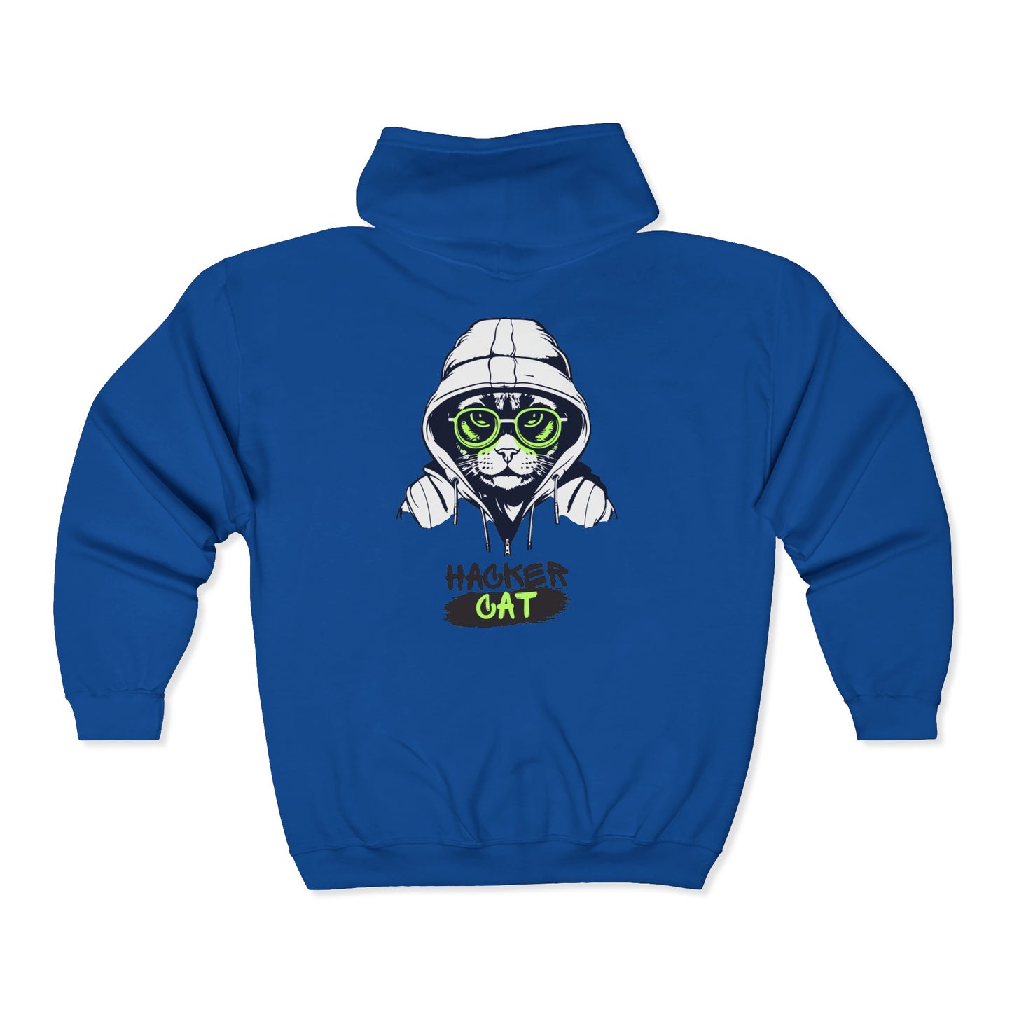 Blue hoodie with a graphic of a cat in a hacker costume on the back, on a white background.