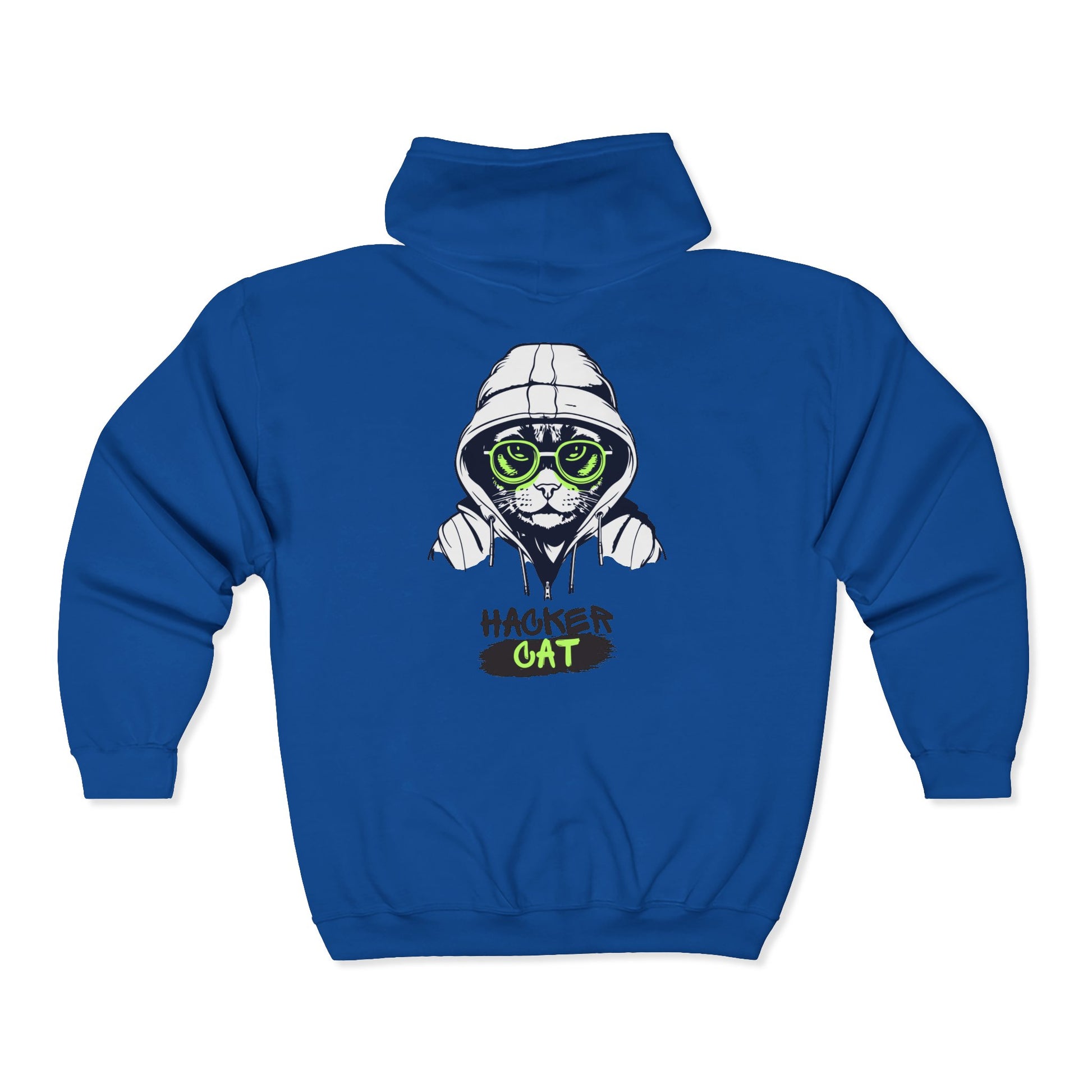 Blue hoodie with a graphic of a cat in a hacker costume on the back, on a white background.
