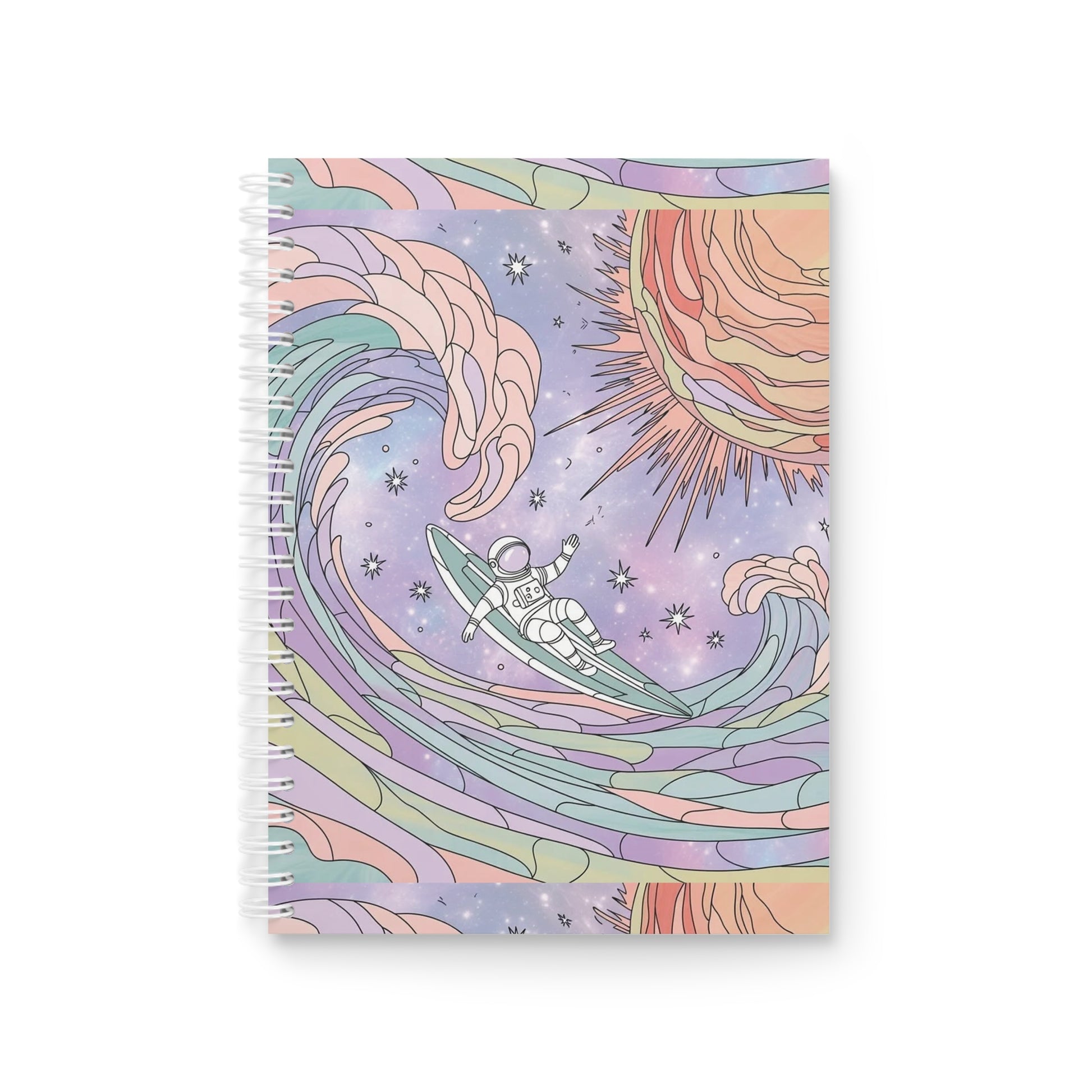 Notebook with a colorful design of an astronaut surfing on a wave with a starry sky.