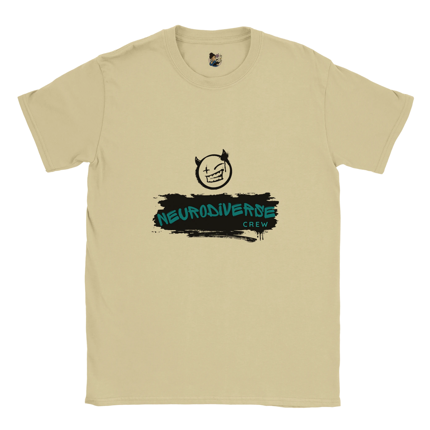 Neurodiverse Crew t-shirt featuring a graffiti-style design celebrating neurodiversity, inclusion, and neurodivergent pride.
