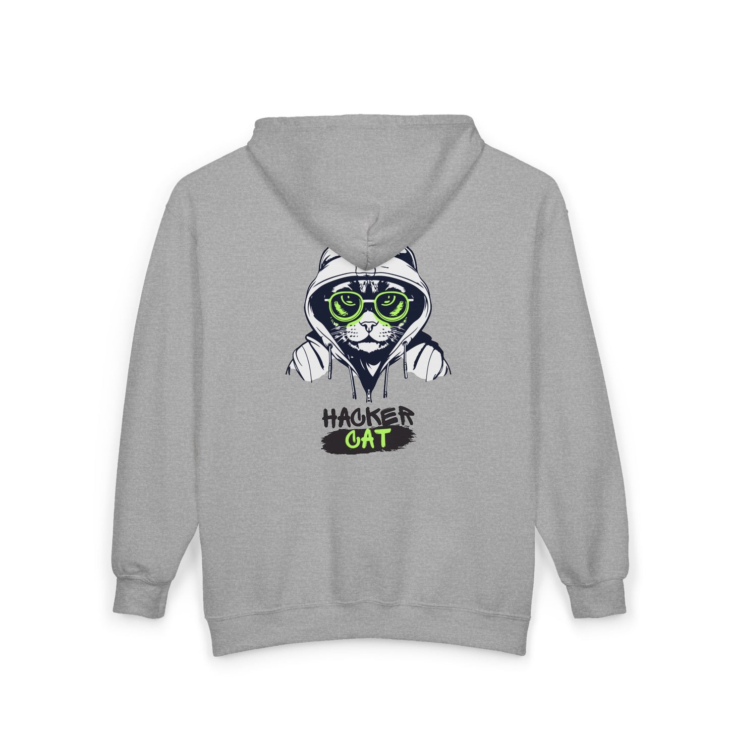 Gray hoodie with text 'Hacker Cat' on the back against a white background