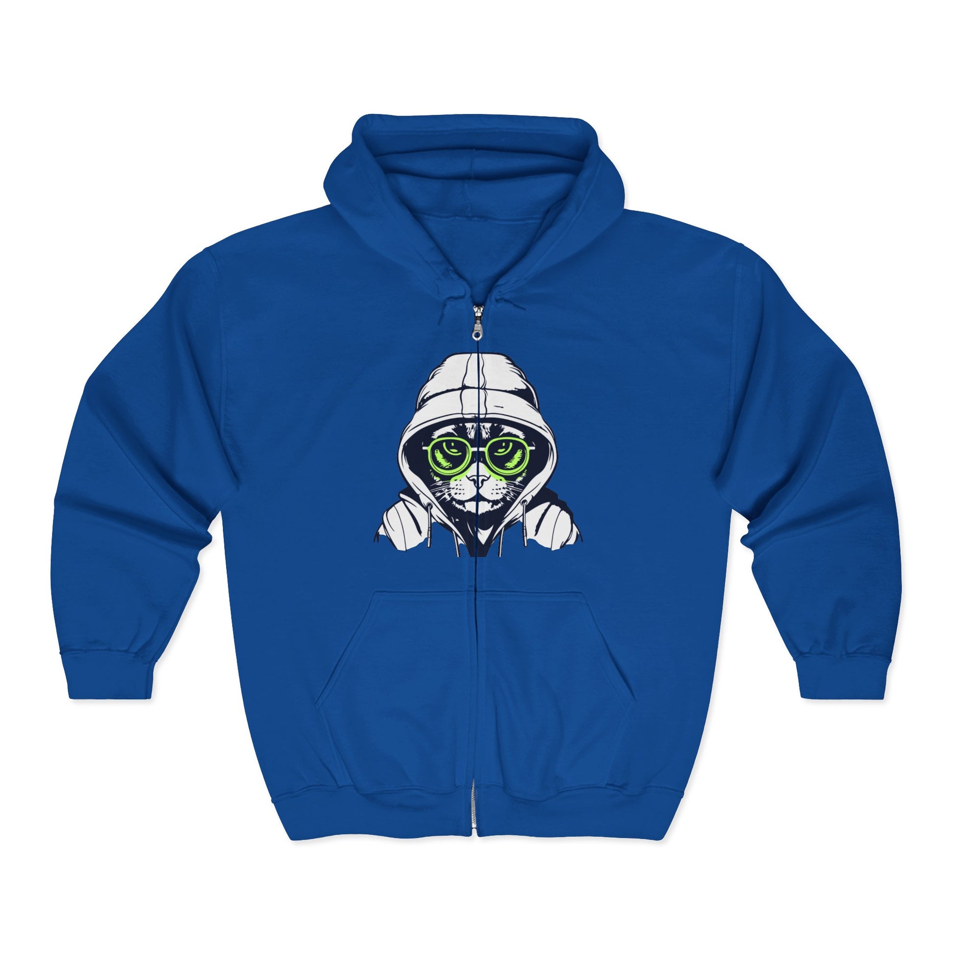 Blue hoodie with a cat graphic design on a white background