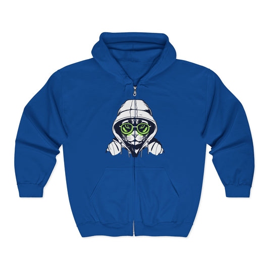 Blue hoodie with a cat graphic design on a white background
