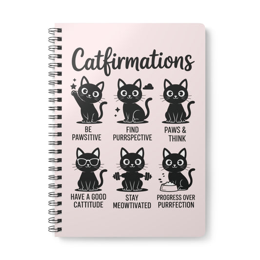 Notebook with cat-themed affirmations on a pink background