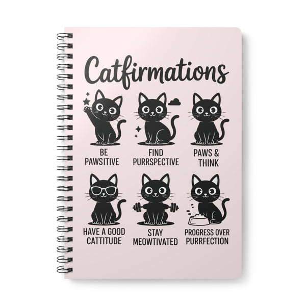 Notebook with cat-themed affirmations on a pink background