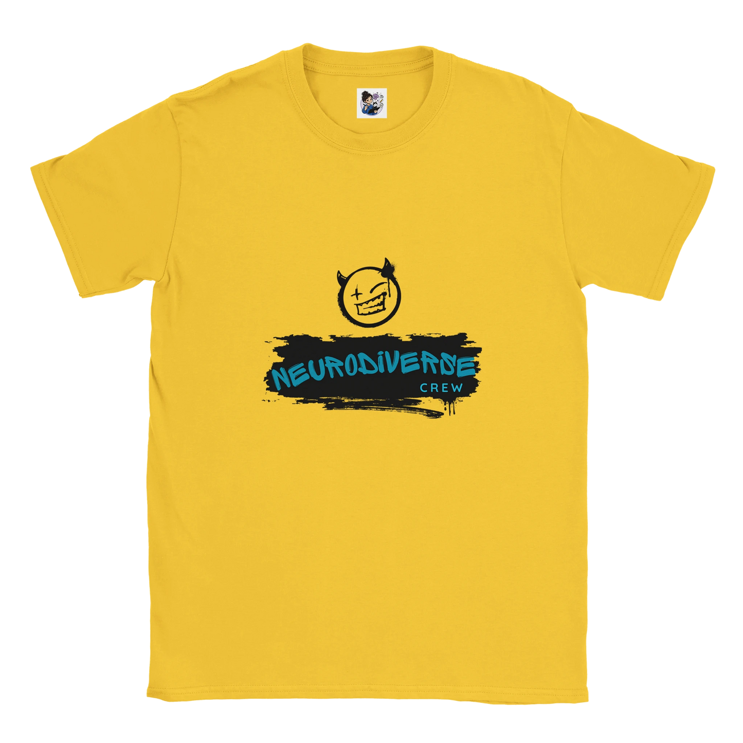 Neurodiverse Crew t-shirt featuring a graffiti-style design celebrating neurodiversity, inclusion, and neurodivergent pride.