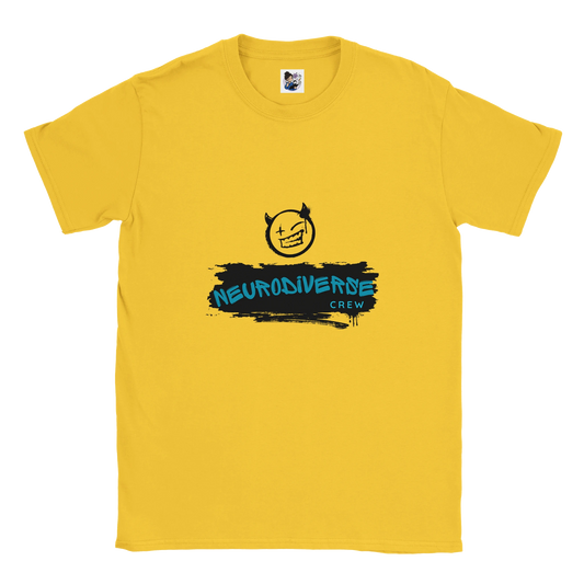 Neurodiverse Crew t-shirt featuring a graffiti-style design celebrating neurodiversity, inclusion, and neurodivergent pride.