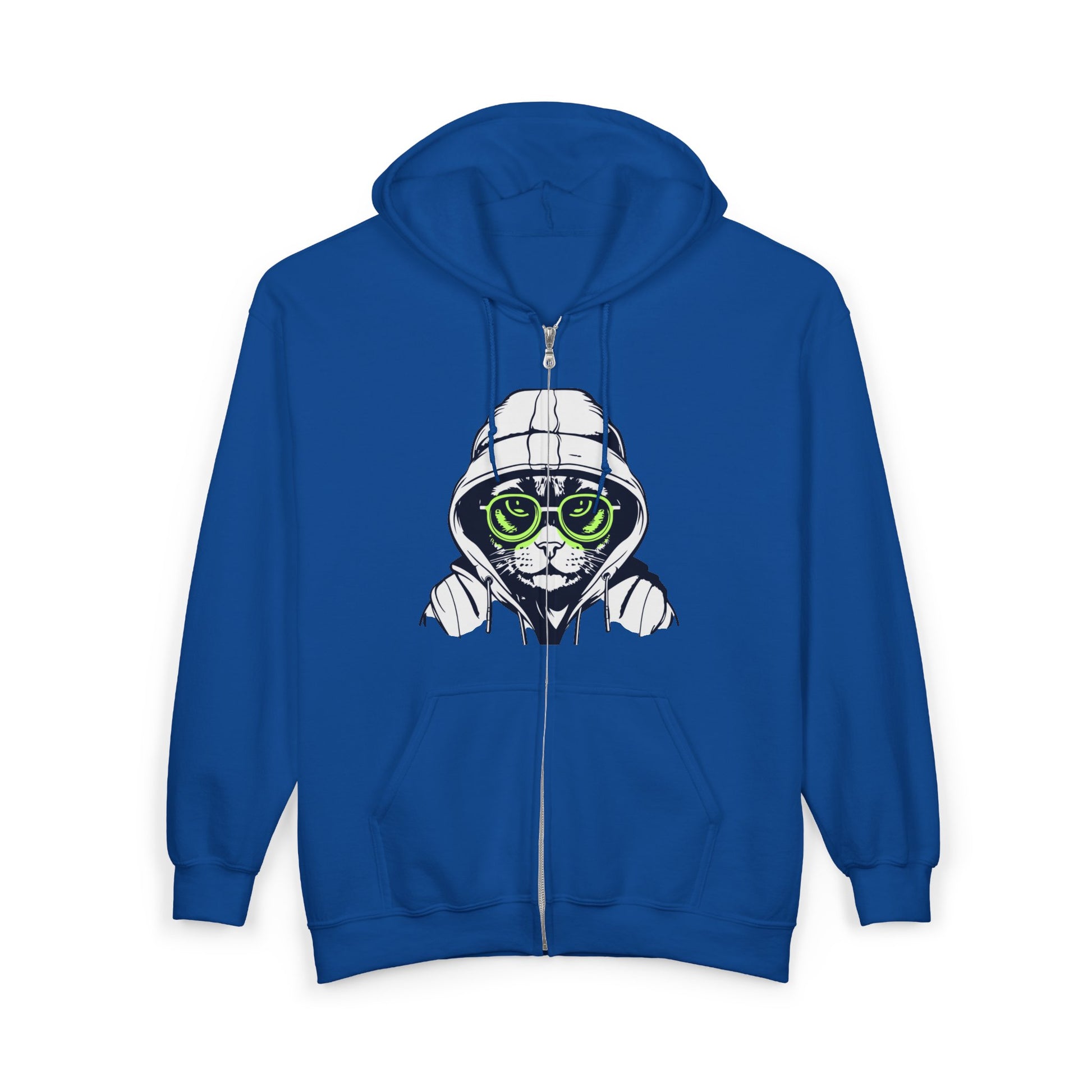 Blue hoodie with a cat graphic wearing sunglasses and a hoodie on a white background
