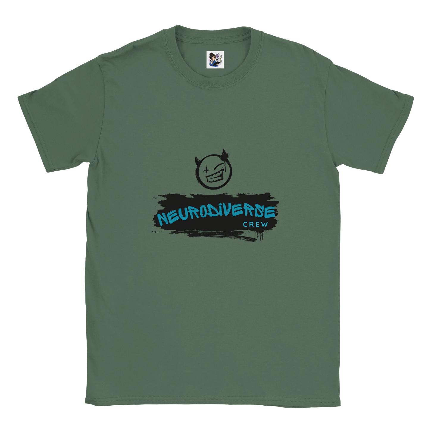 Neurodiverse Crew t-shirt featuring a graffiti-style design celebrating neurodiversity, inclusion, and neurodivergent pride.