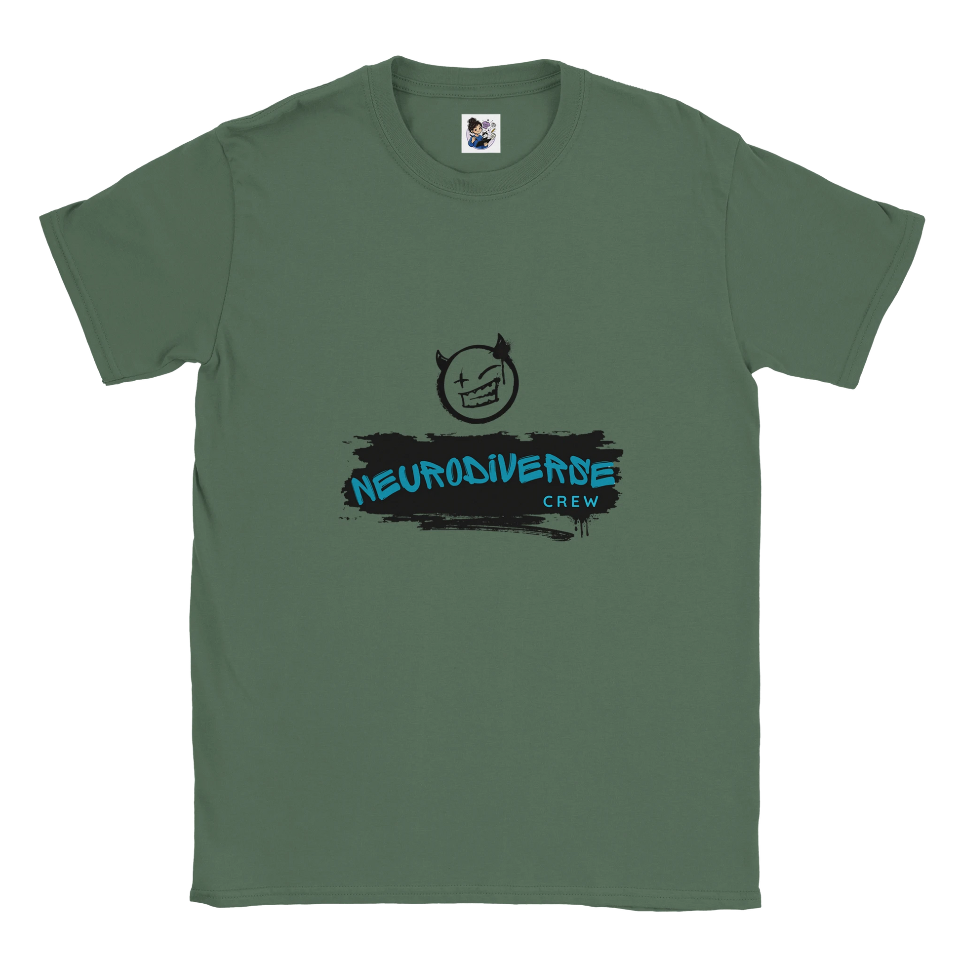 Neurodiverse Crew t-shirt featuring a graffiti-style design celebrating neurodiversity, inclusion, and neurodivergent pride.