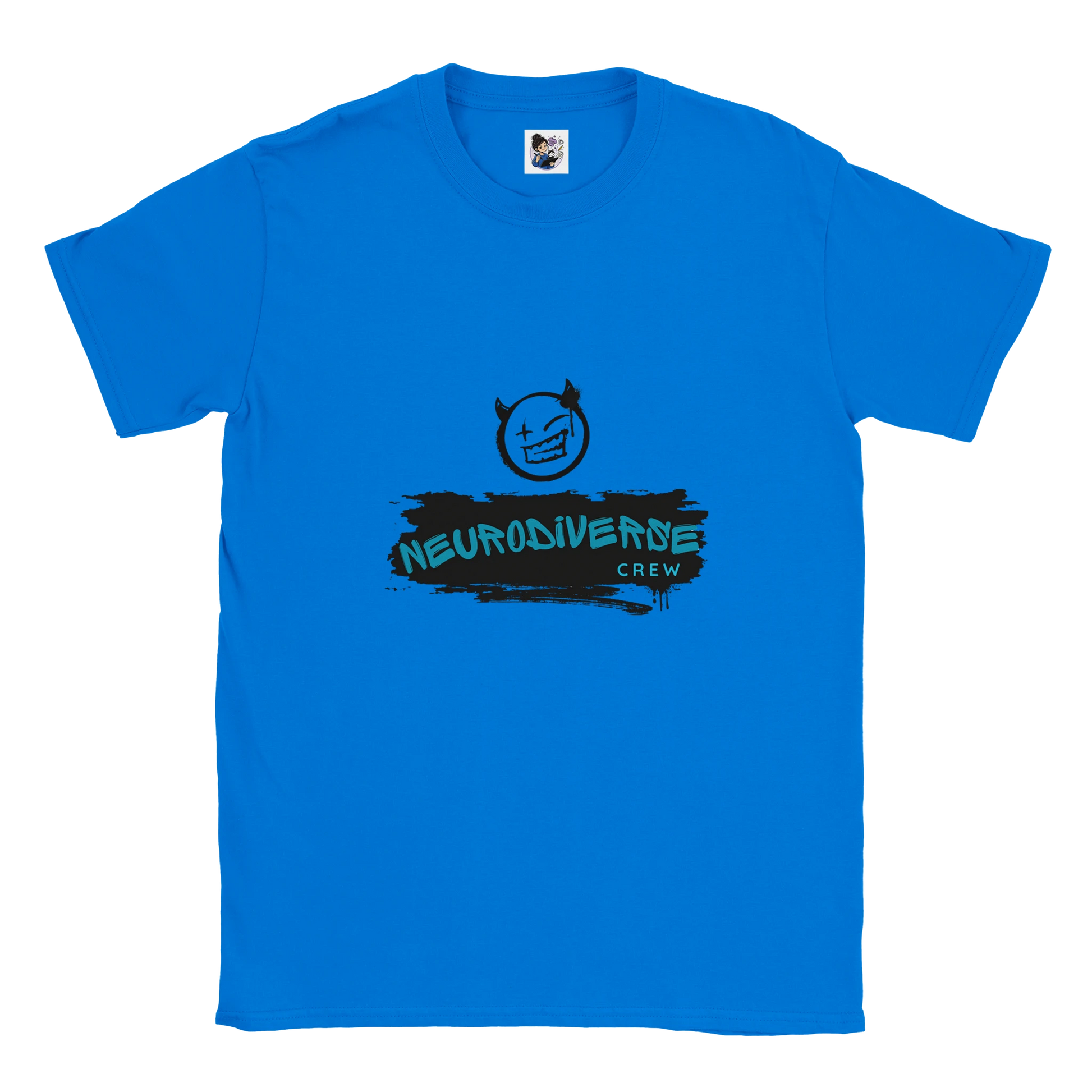 Neurodiverse Crew t-shirt featuring a graffiti-style design celebrating neurodiversity, inclusion, and neurodivergent pride.