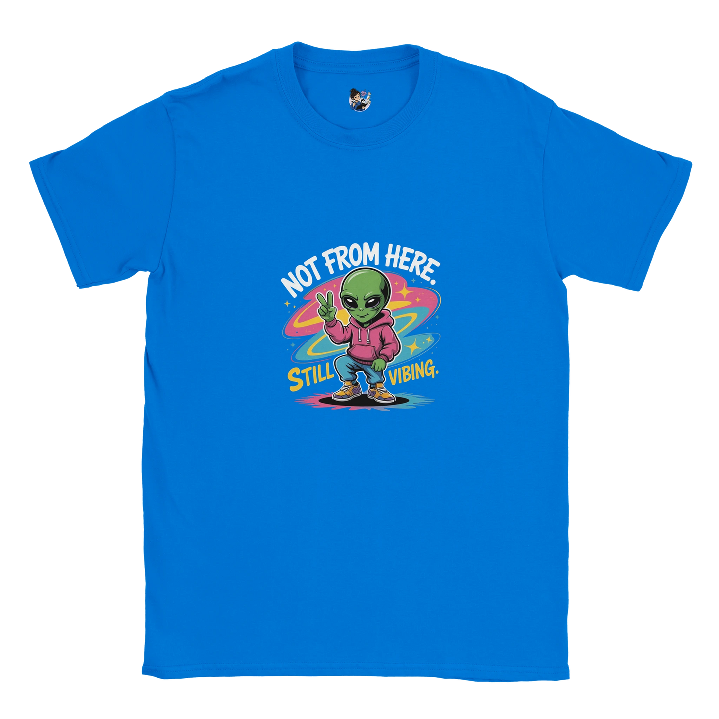 Not From Here Still Vibing graphic tee featuring an alien-themed design on a casual everyday t-shirt.