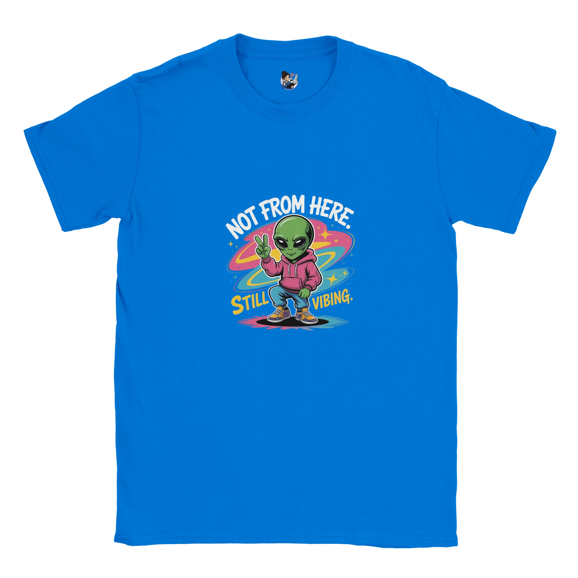 Not From Here Still Vibing graphic tee featuring an alien-themed design on a casual everyday t-shirt.