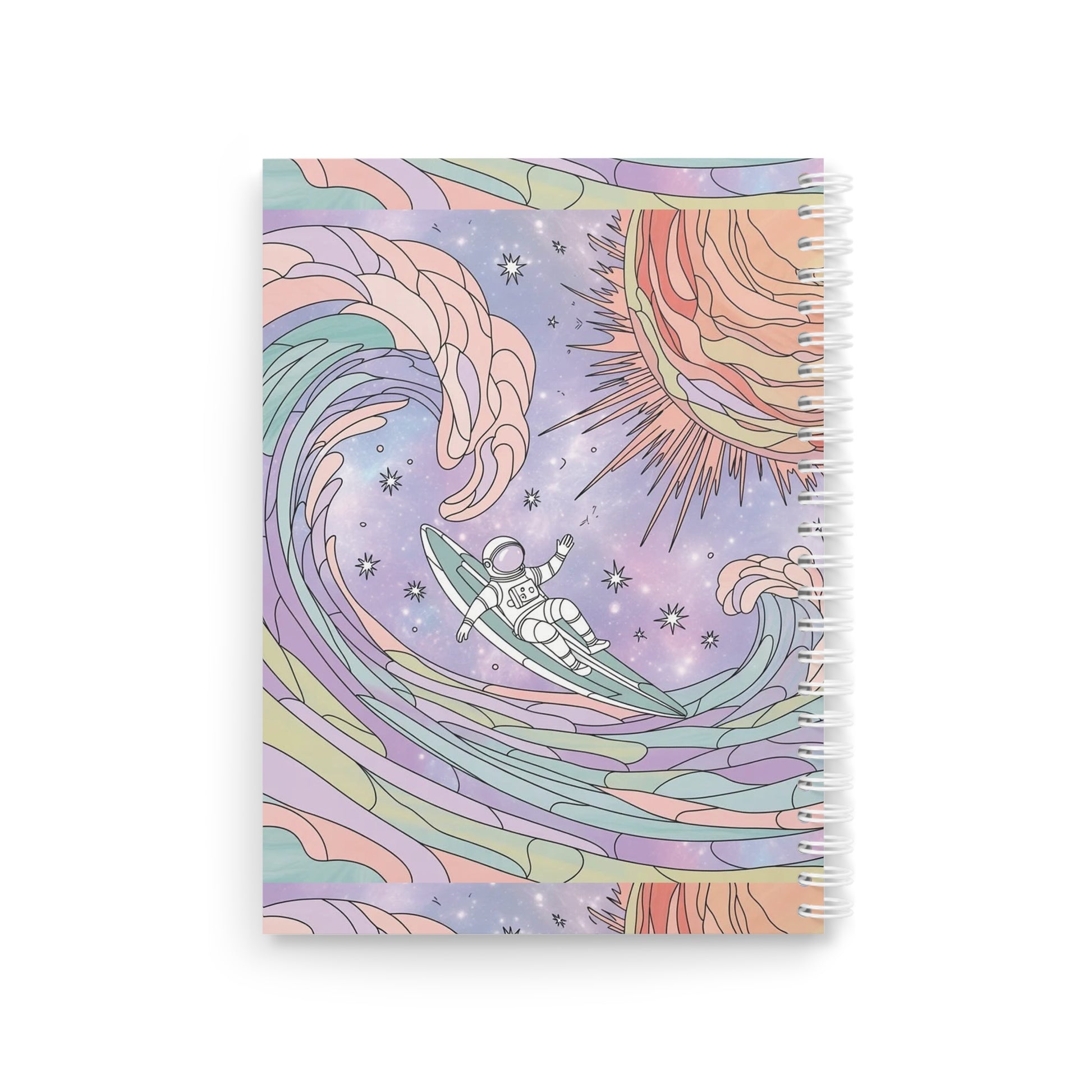Colorful notebok with an astronaut and cosmic design on a white background
