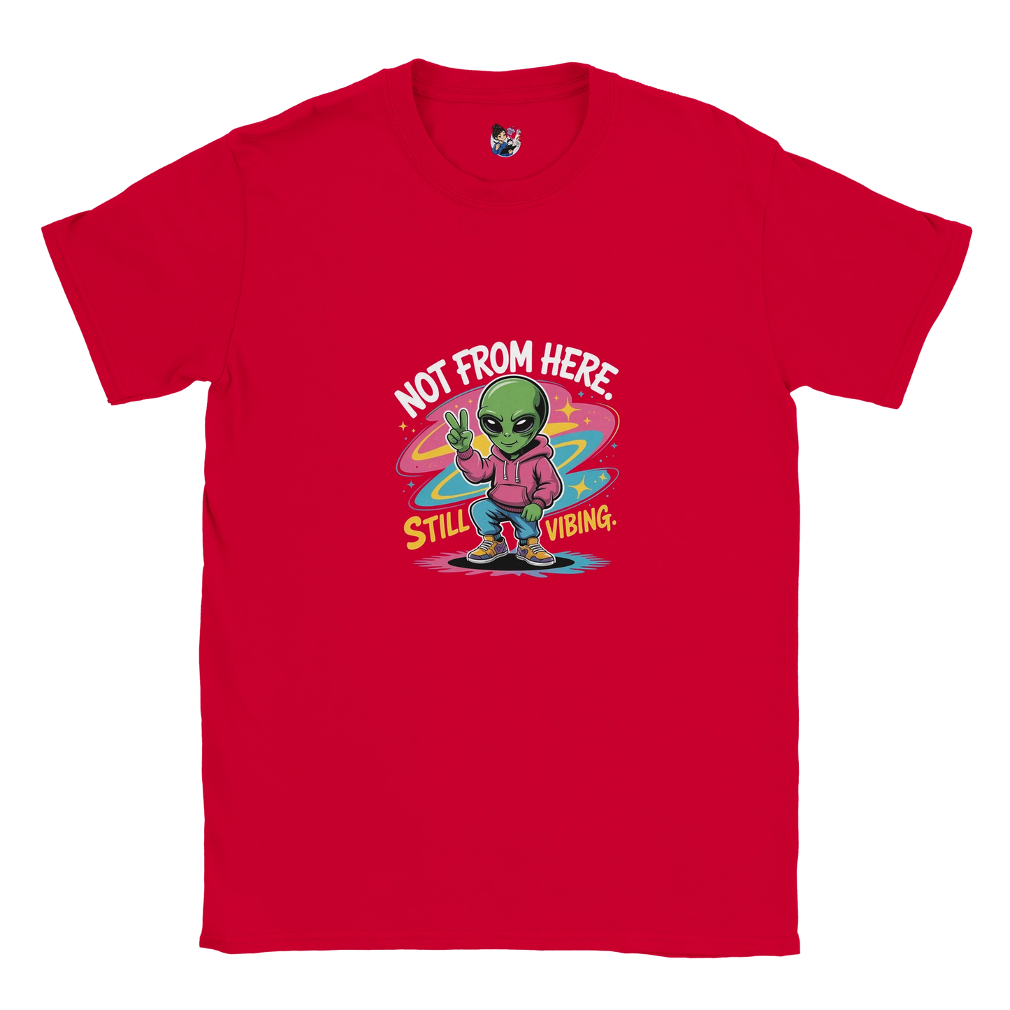 Not From Here Still Vibing graphic tee featuring an alien-themed design on a casual everyday t-shirt.