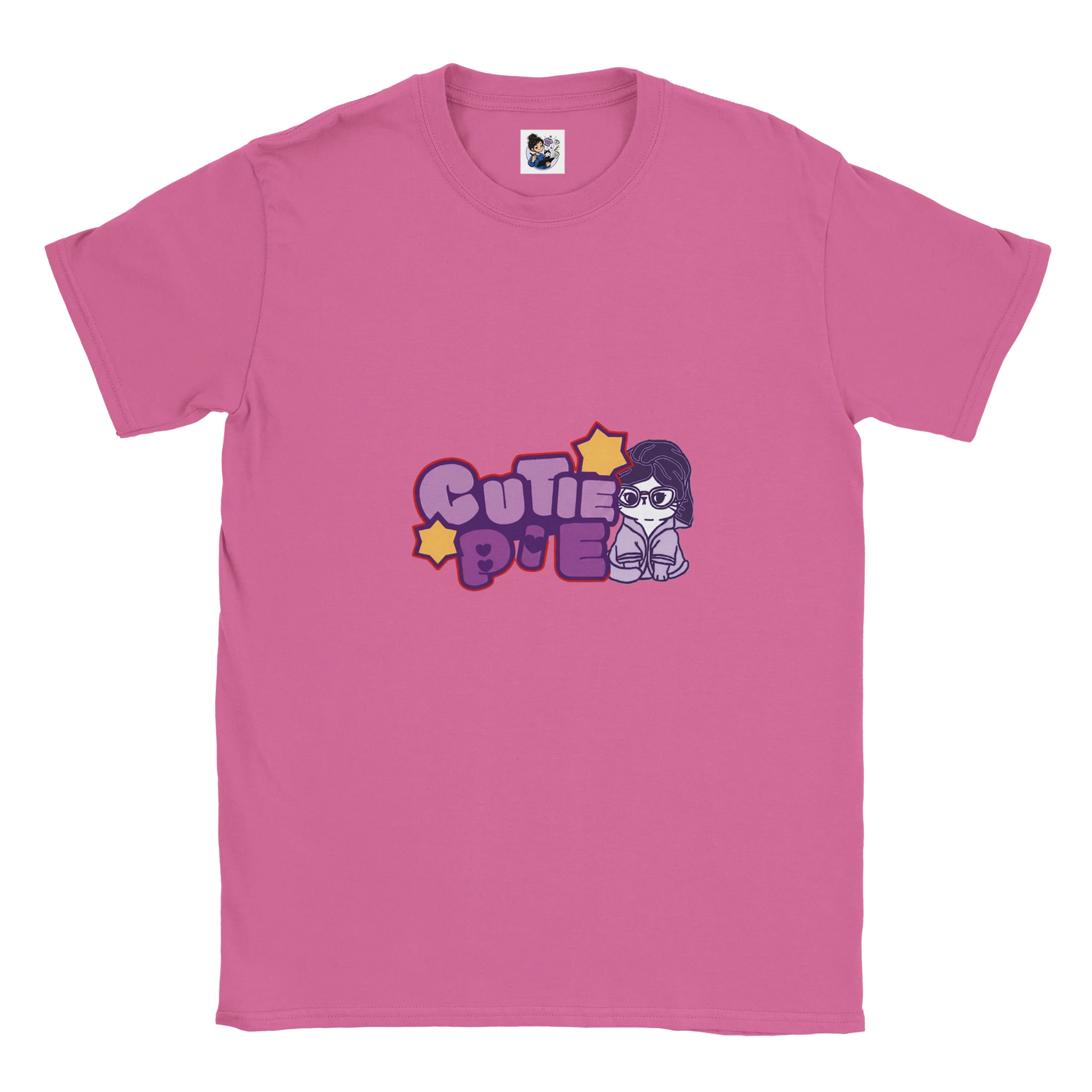 Cute cat graphic t-shirt featuring the phrase "Cutie Pie" with a playful and colourful design.