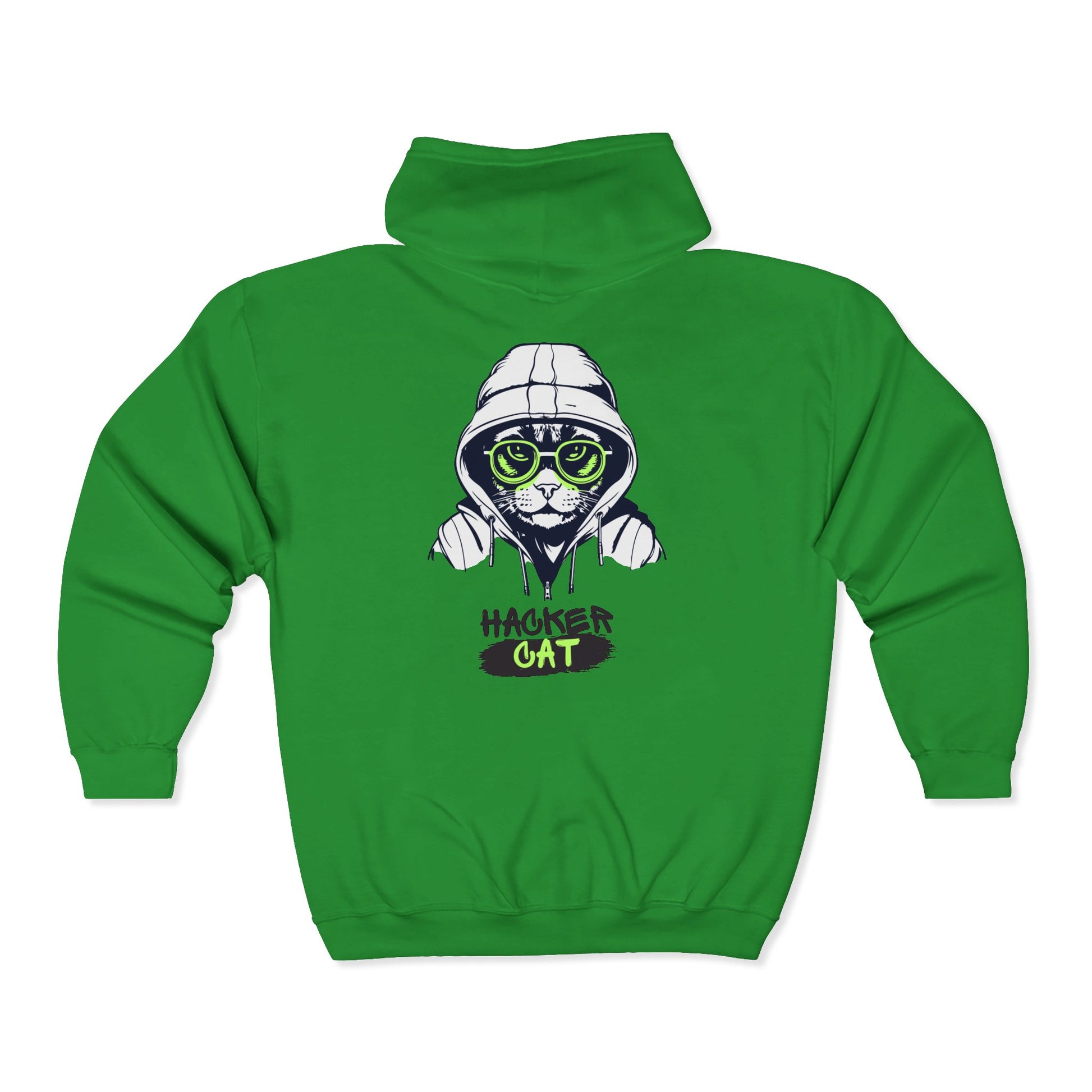 Green hoodie with a 'Hacker Cat' graphic on the back against a white background