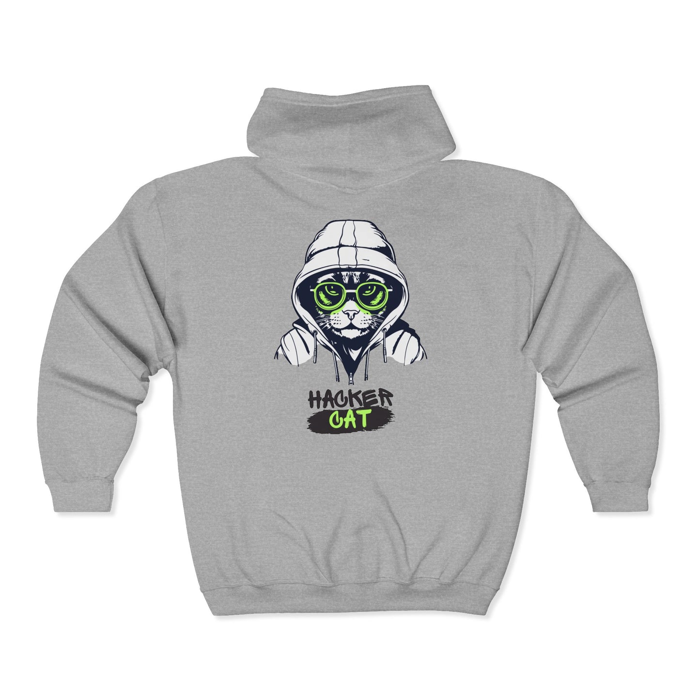 Gray hoodie with a graphic of a cat in a hacker costume on the back, on a white background.