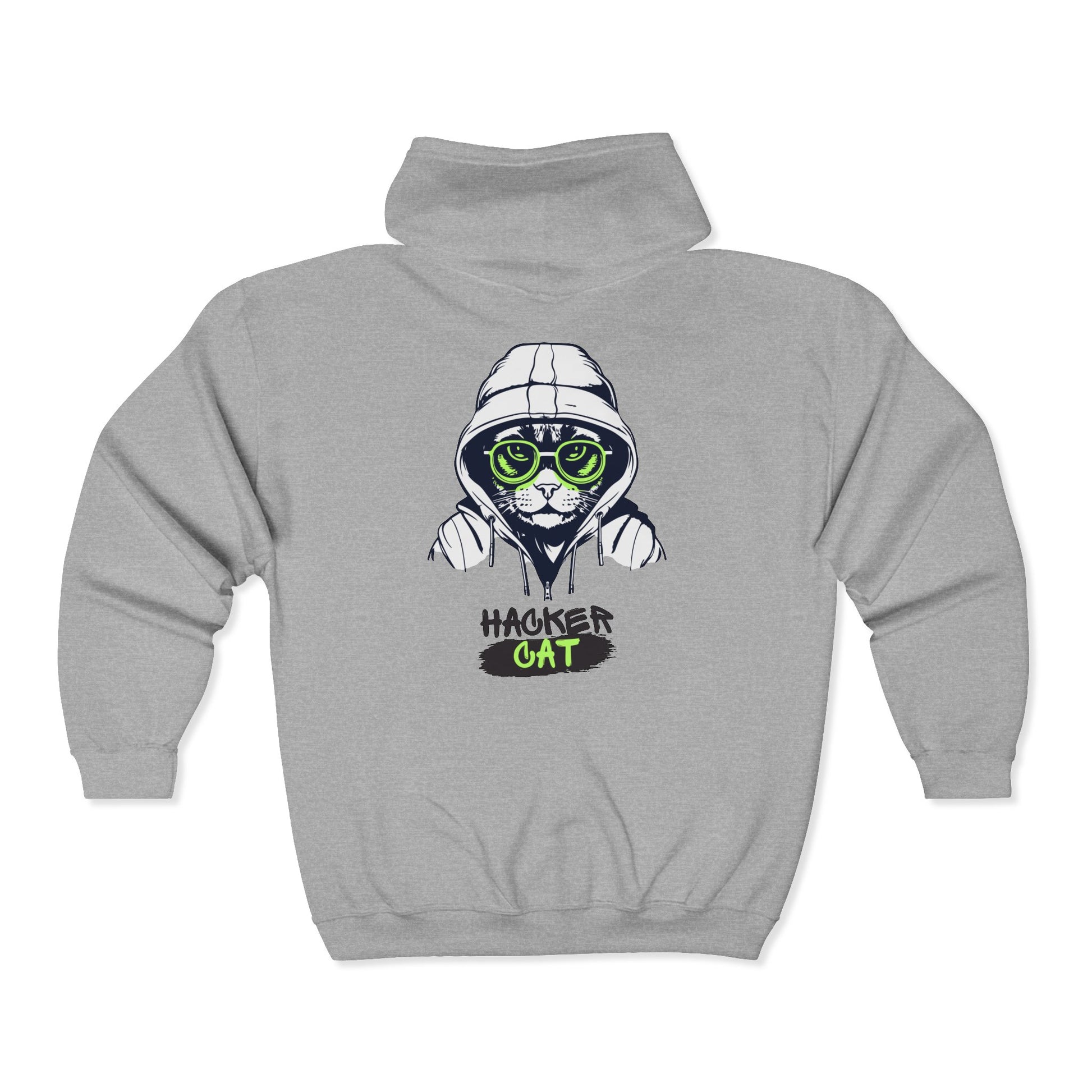 Gray hoodie with a graphic of a cat in a hacker costume on the back, on a white background.