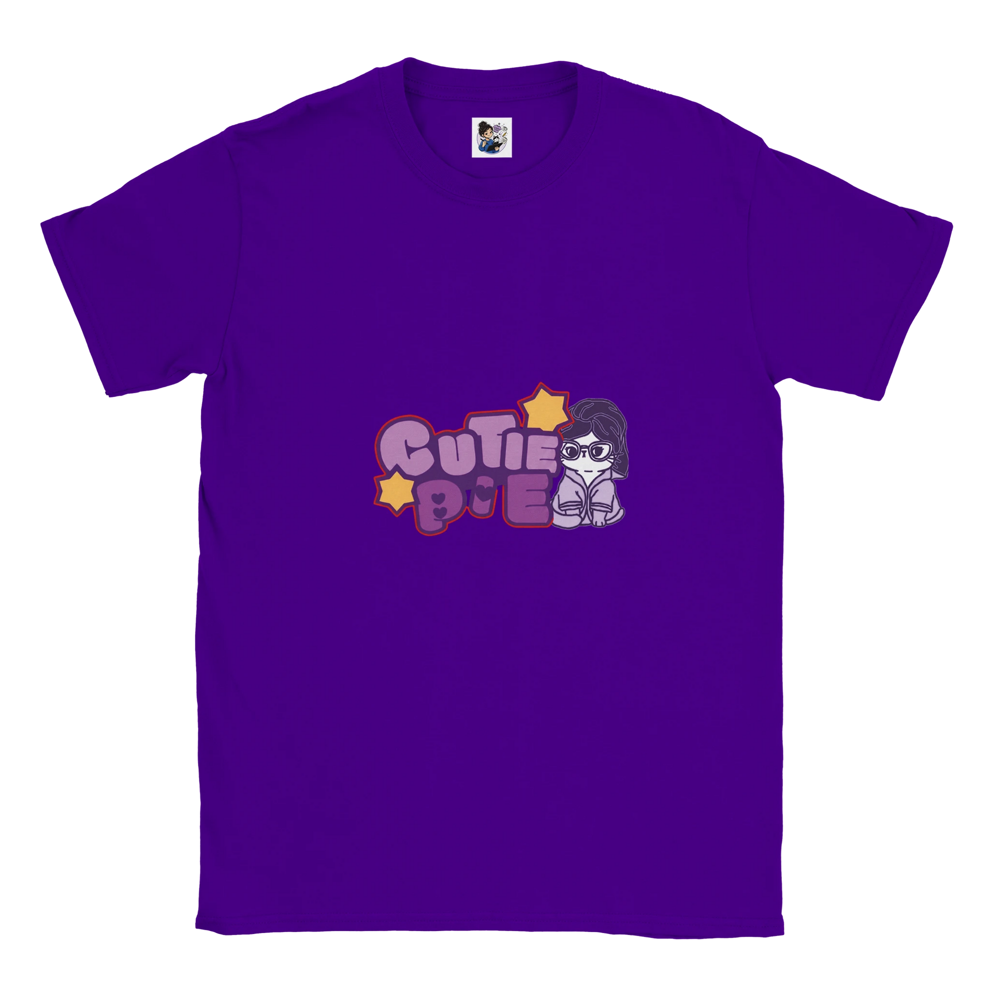 Cute cat graphic t-shirt featuring the phrase "Cutie Pie" with a playful and colourful design.