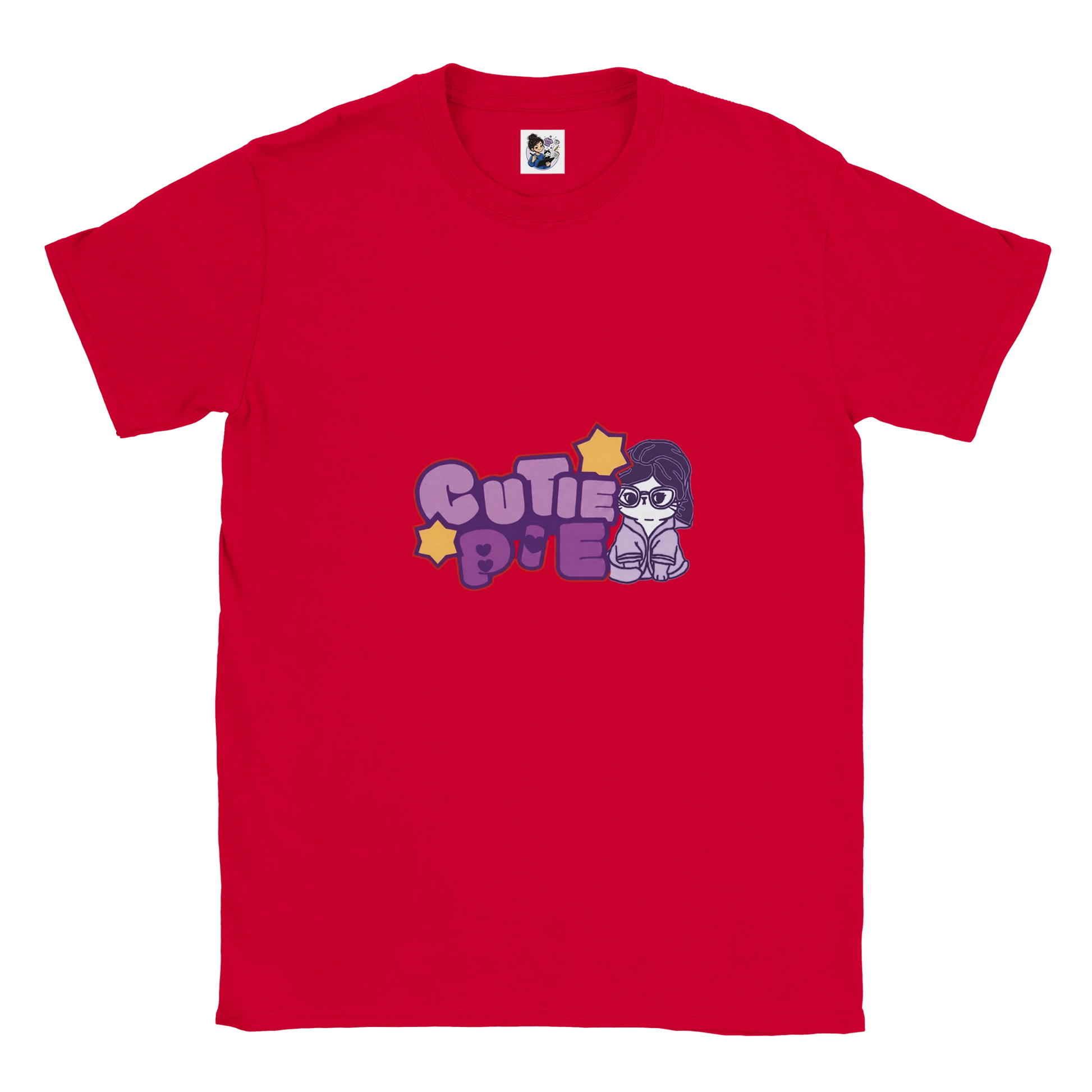 Cute cat graphic t-shirt featuring the phrase "Cutie Pie" with a playful and colourful design.