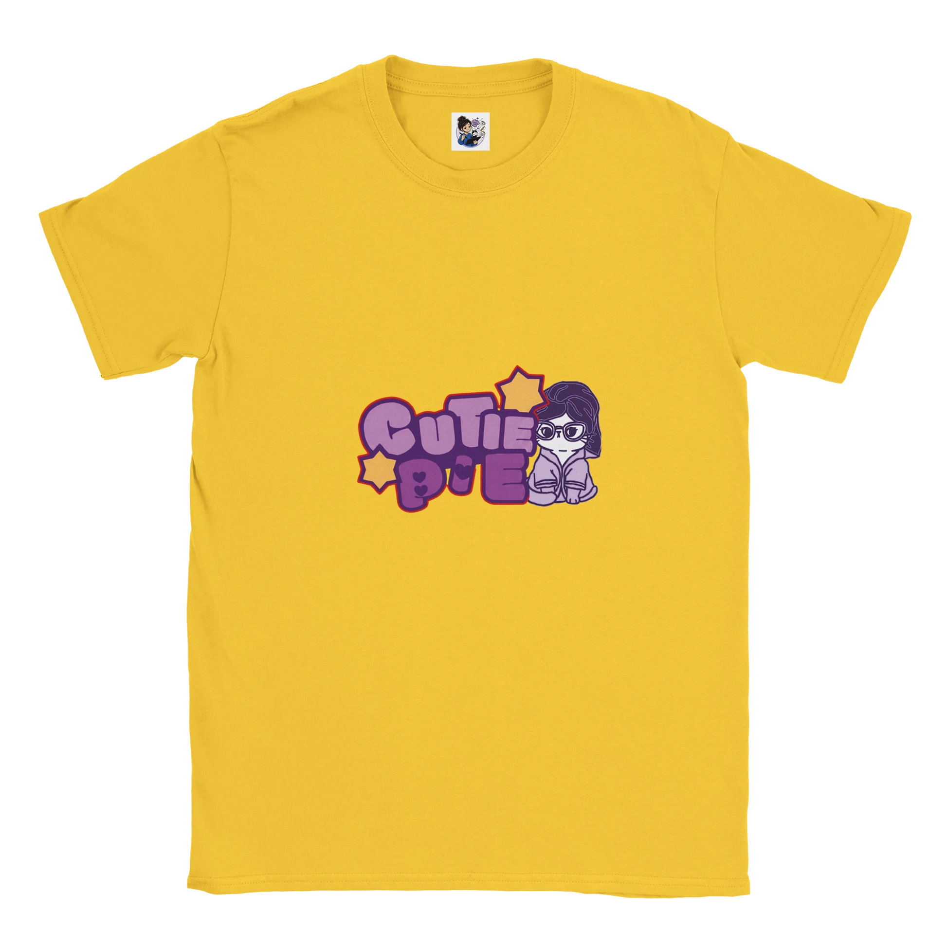 Cute cat graphic t-shirt featuring the phrase "Cutie Pie" with a playful and colourful design.