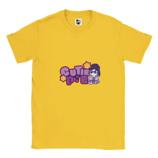Cute cat graphic t-shirt featuring the phrase "Cutie Pie" with a playful and colourful design.