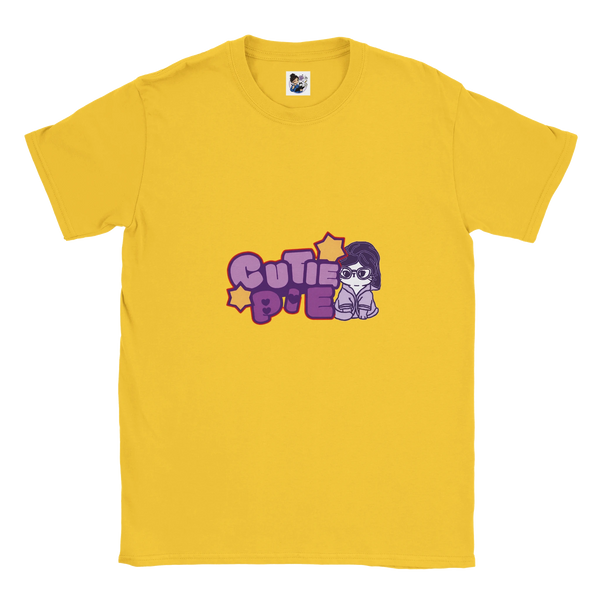 Cute cat graphic t-shirt featuring the phrase "Cutie Pie" with a playful and colourful design.