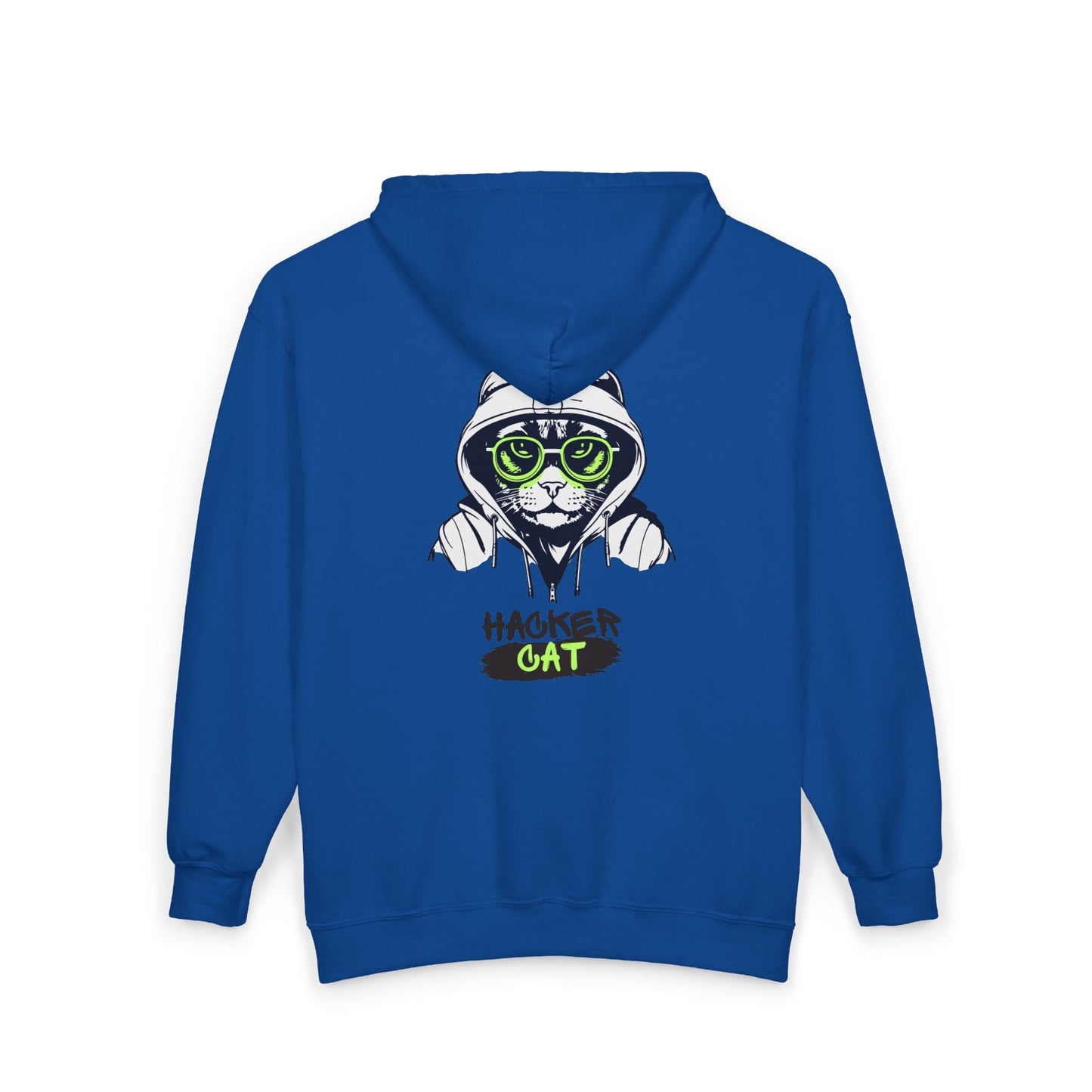 Blue hoodie with a graphic of a cat wearing glasses and the text 'Hacker Cat' on the back.