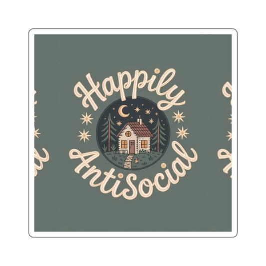 Sticker with 'Happily AntiSocial' design featuring a cabin and stars on a green background.