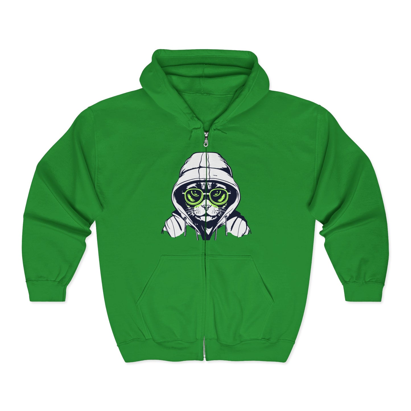 Green hoodie with a cat graphic wearing sunglasses and a hoodie on a white background