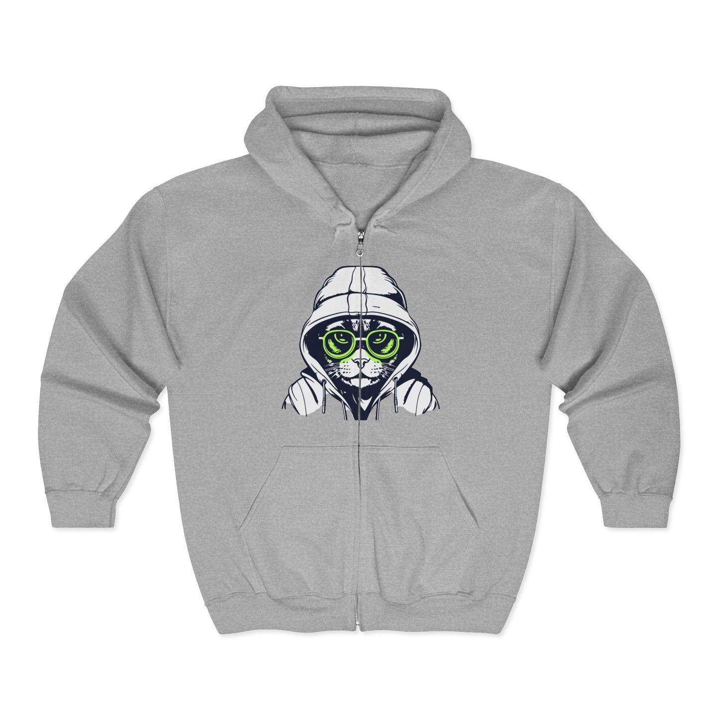 Gray hoodie with a cat graphic wearing sunglasses and a hoodie on a white background