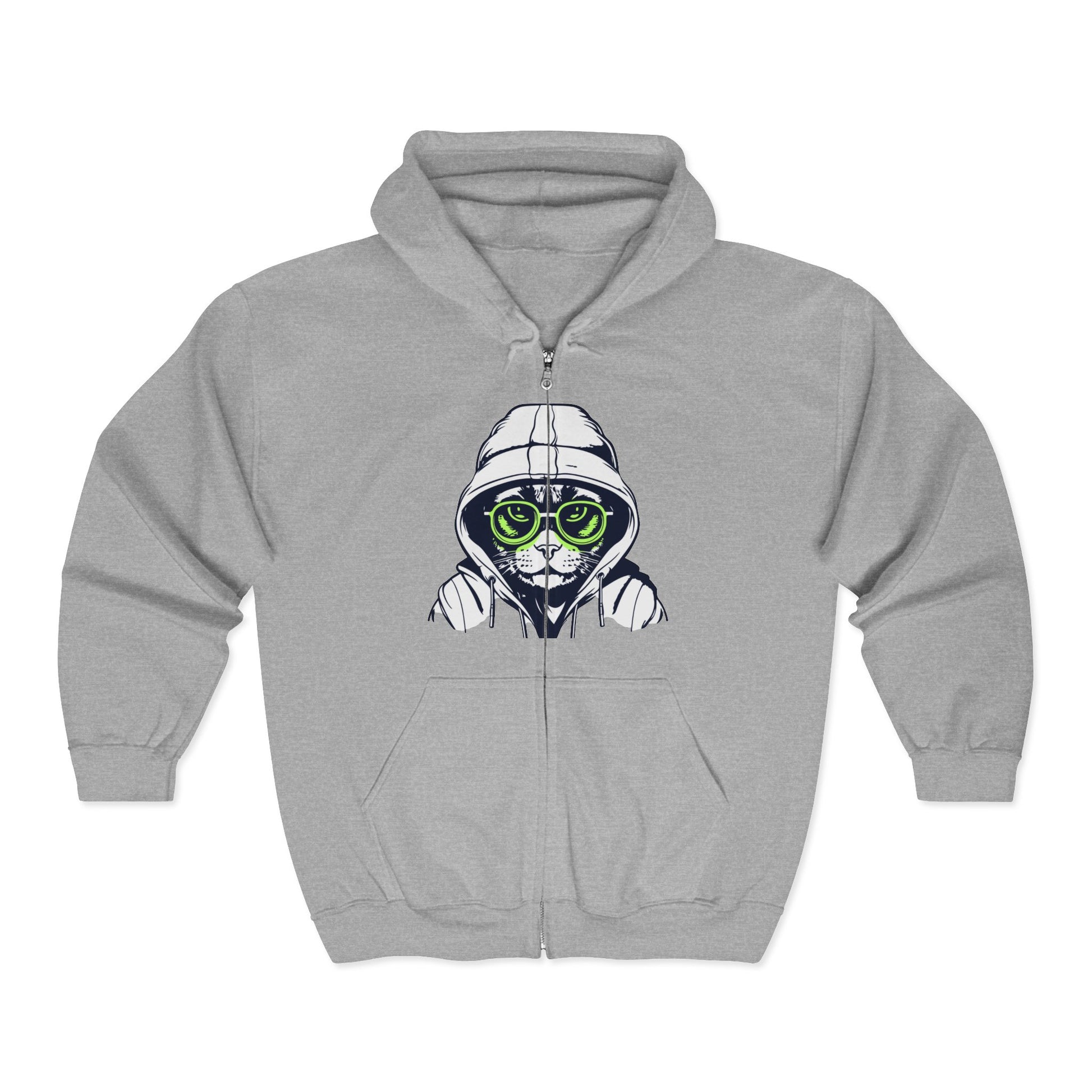 Gray hoodie with a cat graphic wearing sunglasses and a hoodie on a white background