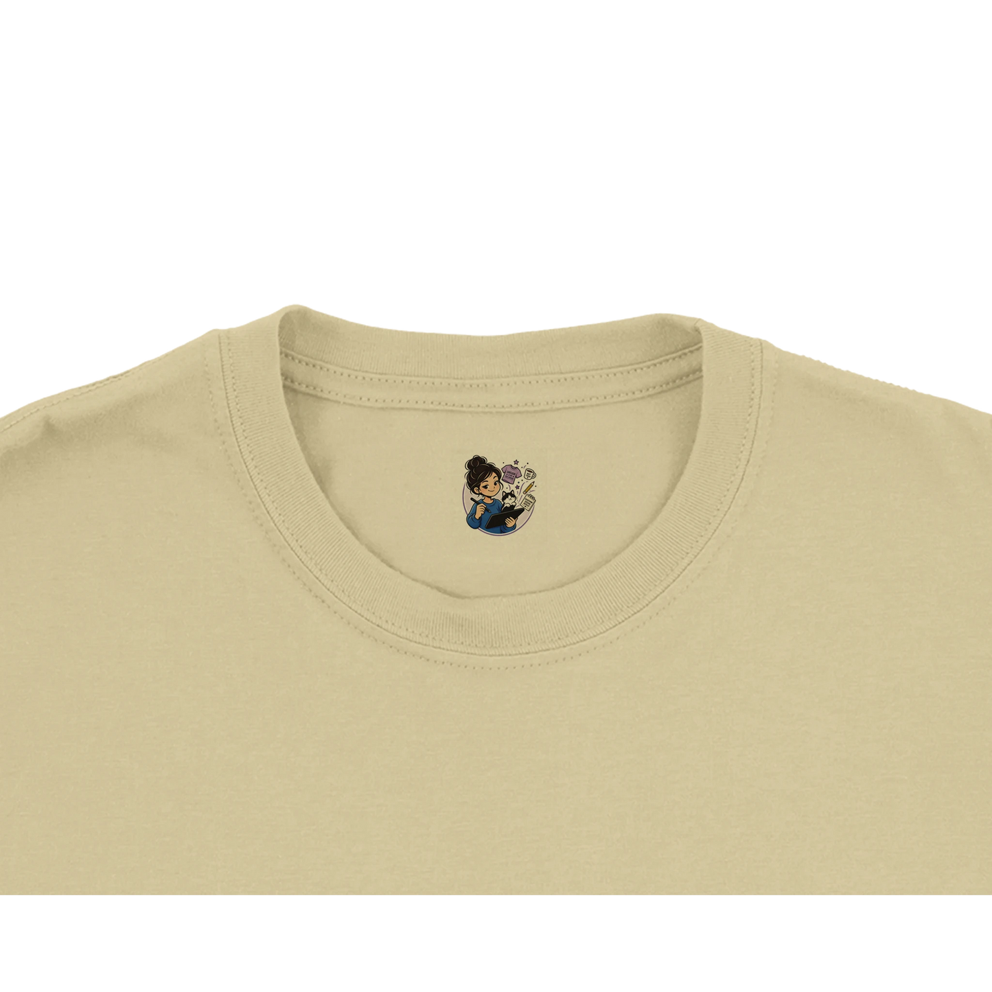 Up close sassysamdesigns logo on the t-shirt featuring a girl, black and white cat surrounded by objects