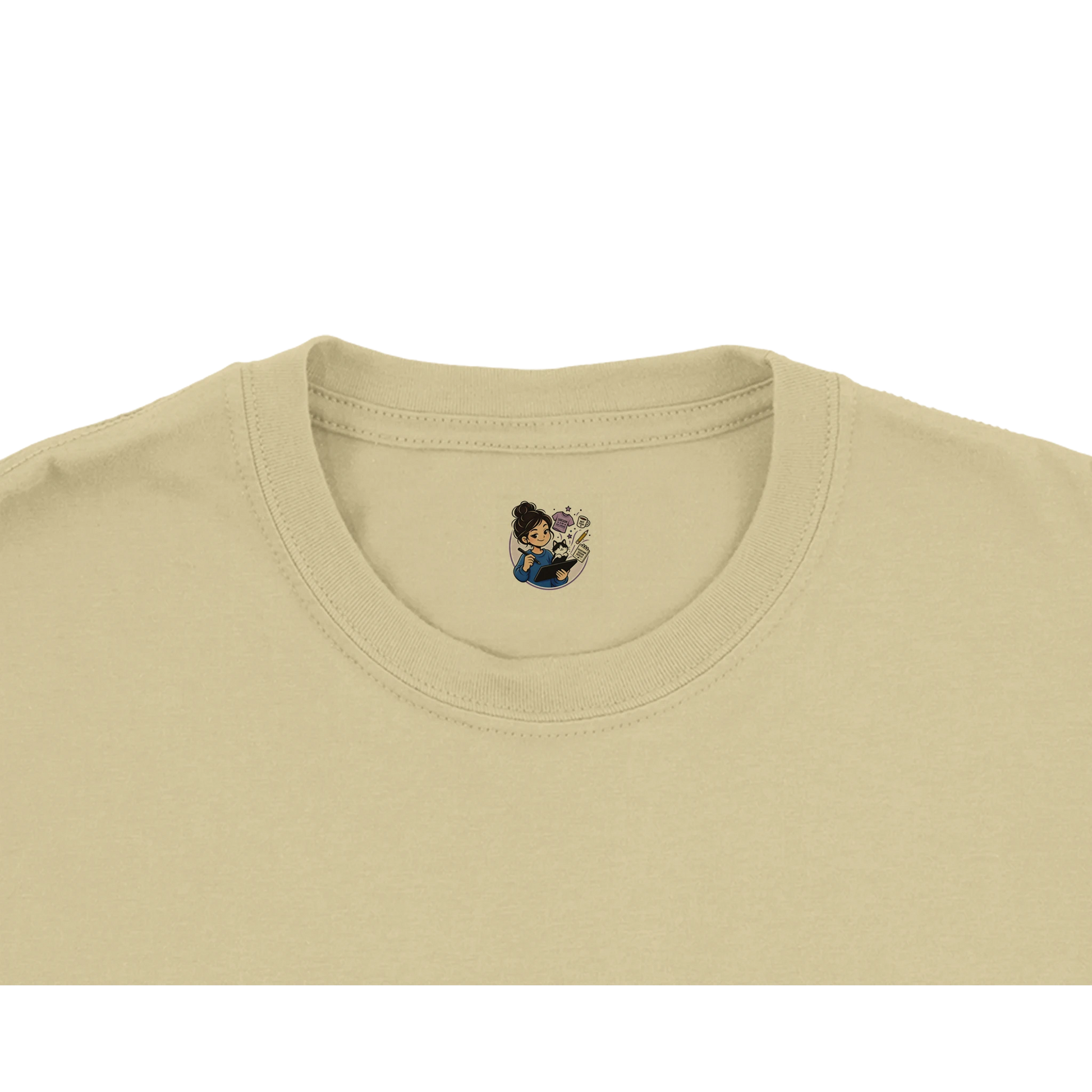 Up close sassysamdesigns logo on the t-shirt featuring a girl, black and white cat surrounded by objects