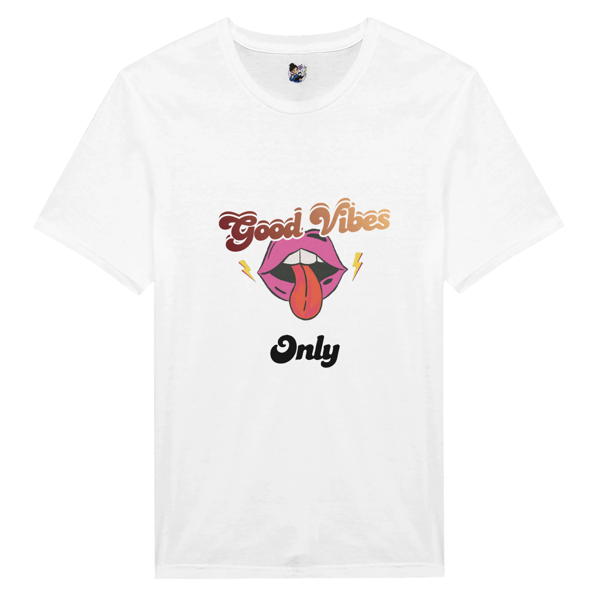 Good Vibes Only punk t-shirt featuring retro 70s inspired graphic artwork with colourful vintage design.