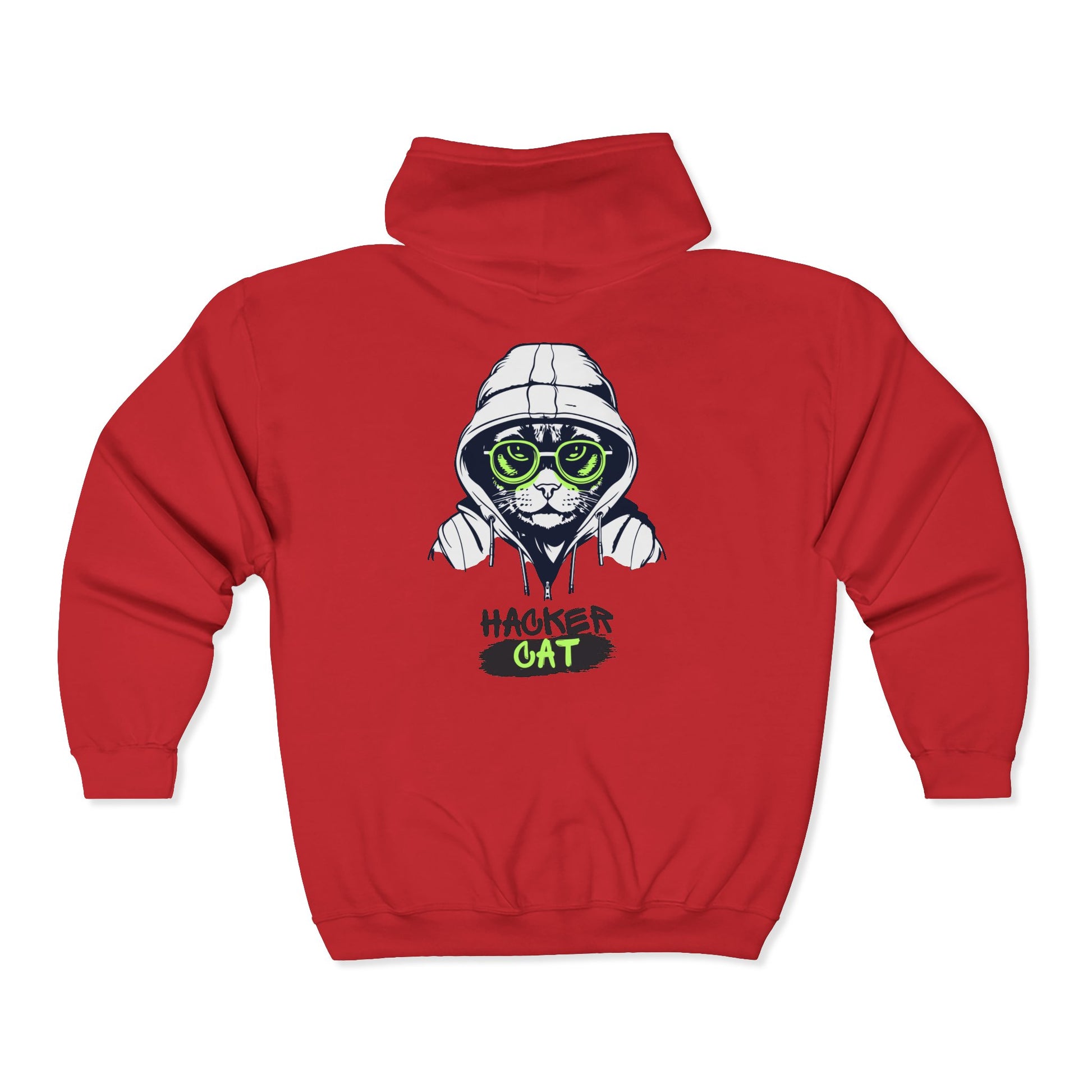 Red hoodie with a graphic of a cat in a hacker costume and 'Hacker Cat' text on the back.