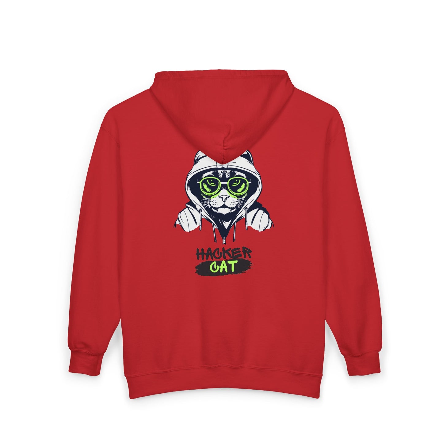 Red hoodie with a graphic of a cat wearing glasses and the text 'Hacker Cat' on the back.