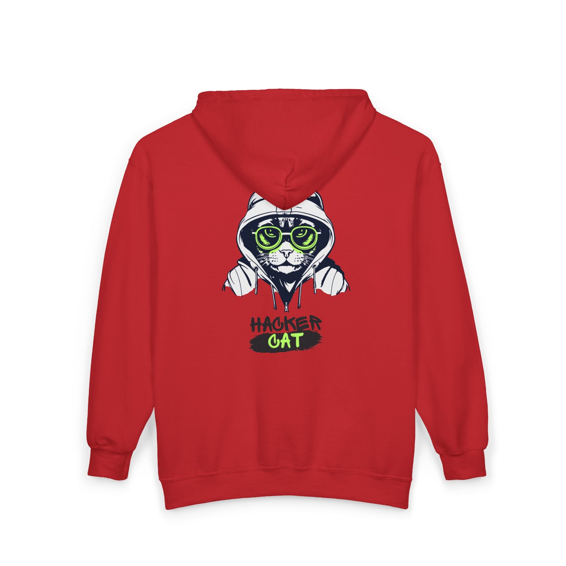 Red hoodie with a graphic of a cat wearing glasses and the text 'Hacker Cat' on the back.